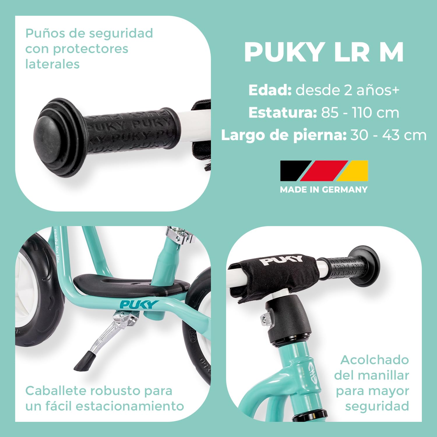 PUKY LR M Aqua Green - Bicicleta de equilibrio a partir de 2 años, juguete para niños a partir de 2 años, scooter infantil con estribo, bicicleta de equilibrio con empuñaduras de seguridad en manillar