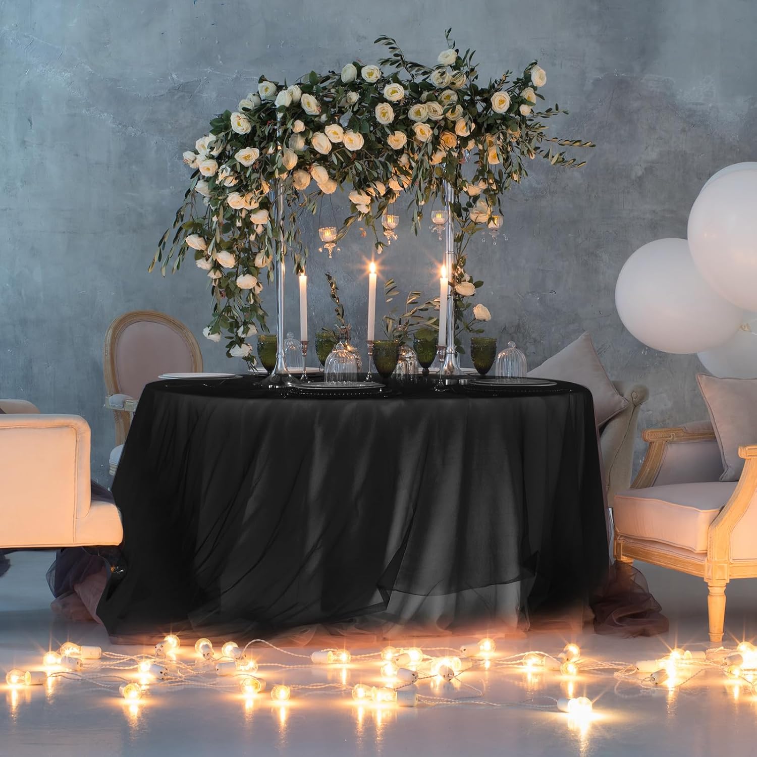 Buryeah 12 Pcs 84 Inch Black Round Plastic Disposable Table Cloth Waterproof Tablecloth Circle Table Covers for Bridal Wedding Birthday Party Gender Reveal Baby Shower