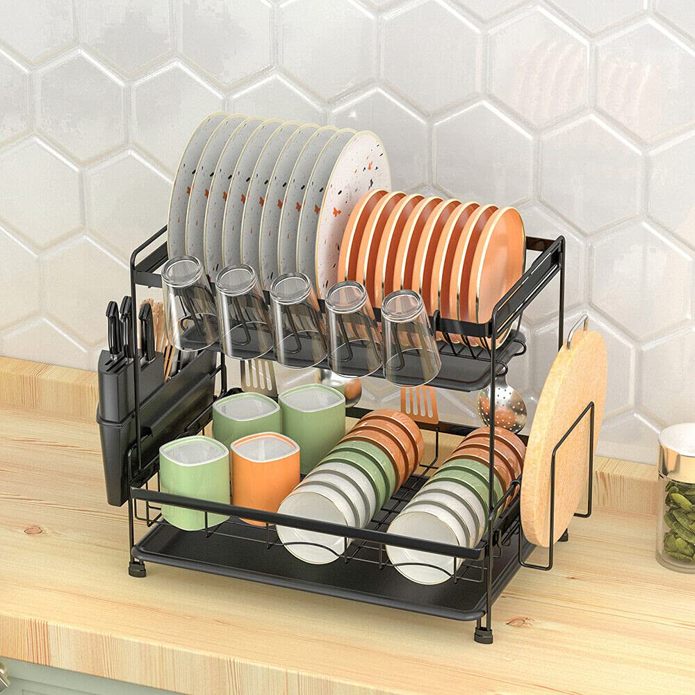 Estantería de cocina con bandeja de drenaje y caja para cuchillos de 2 capas