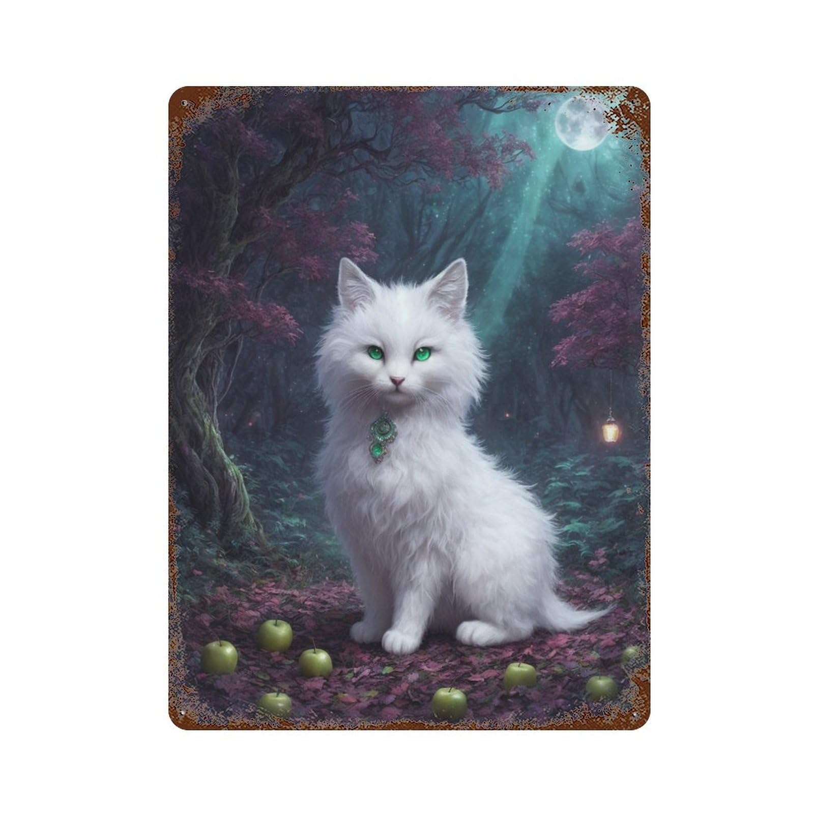 Weathered Tin Sign Enchanted Forest Moonlit Cat 15.7"x11.8", Novelty Wall Decor for Basement, Hobby Room And Garage Decor