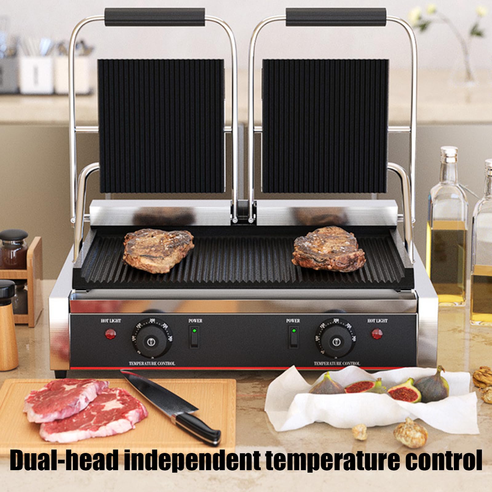 Sandwichera Comercial Eléctrica Panini Press Maker 50-300 ℃ Control De Temperatura Ajustable Superficie Antiadherente Placas De Doble Ranura 3600W Sandwichera Tostadora para Cocina