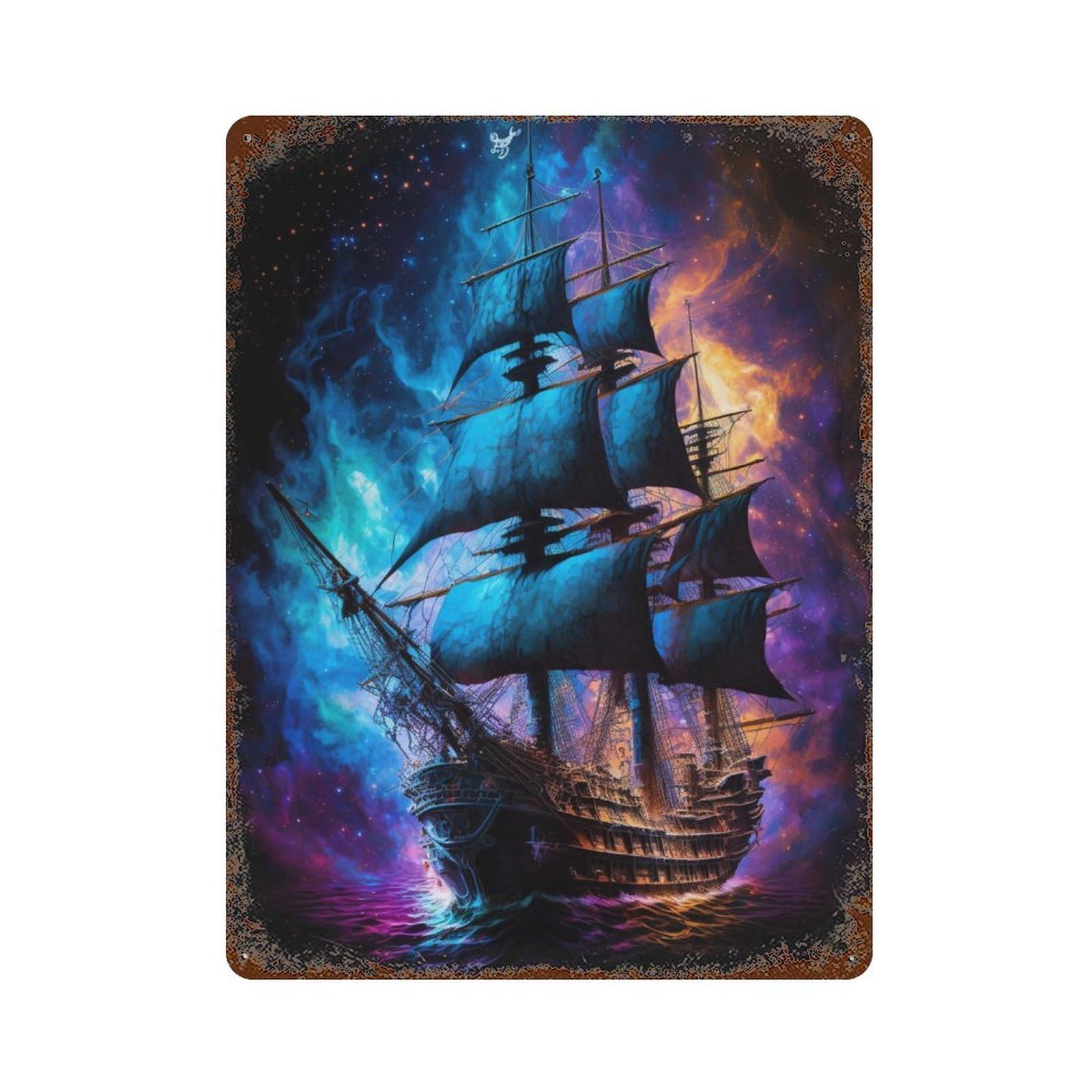 Rust Effect Fantasy Pirate Ship Artwork Rusty Metal Tin Sign 15.7"x11.8", Industrial Home Decor for Living Room, Hallway And Home Decor