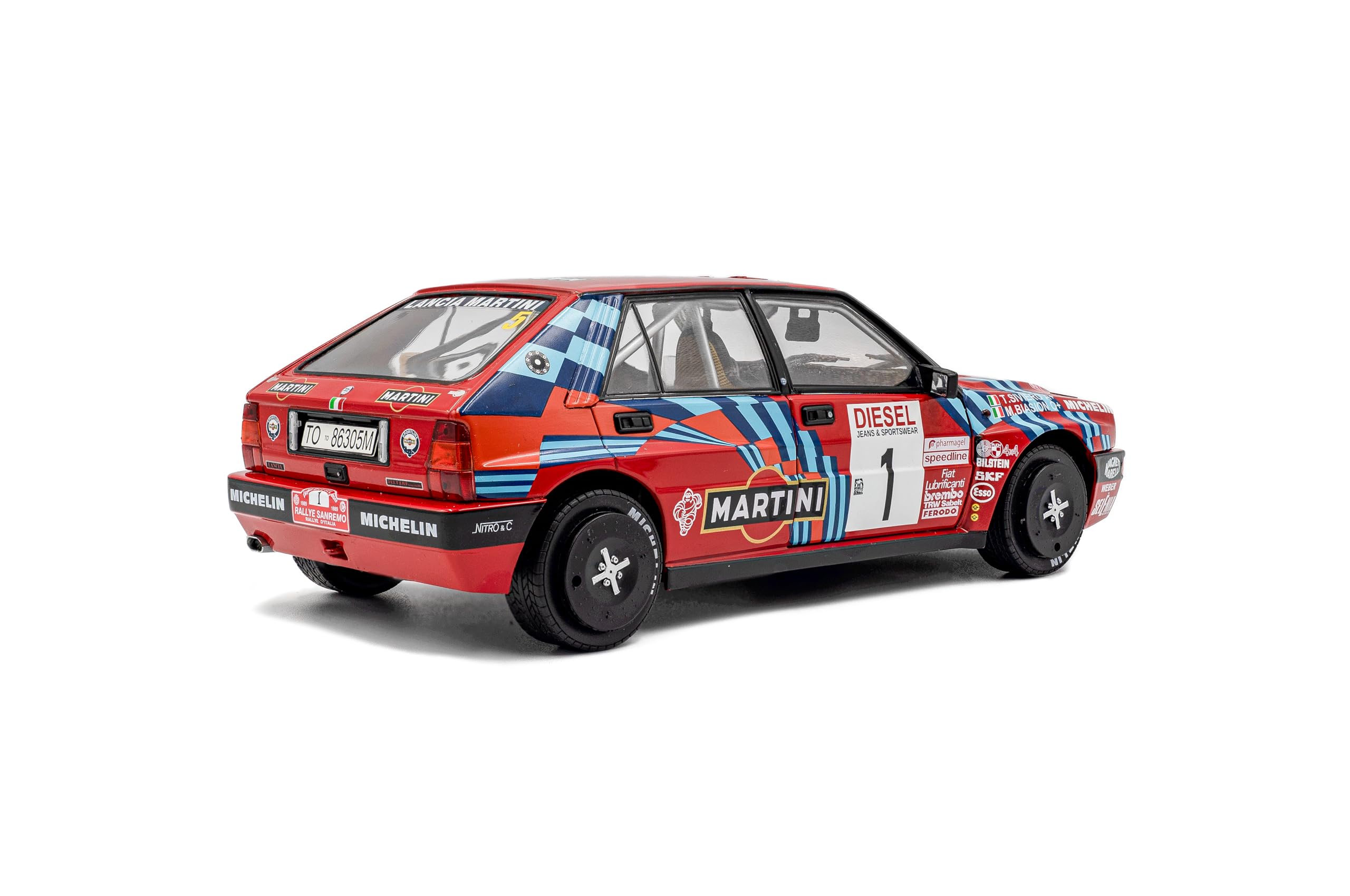Solido Lancia Delta HF Integrale #1 - Veicolo da Rally Leggendario, Numero di partenza, Grafica, Doppio Faro Rotondo, Diecast Modello, Rosso, 1:18