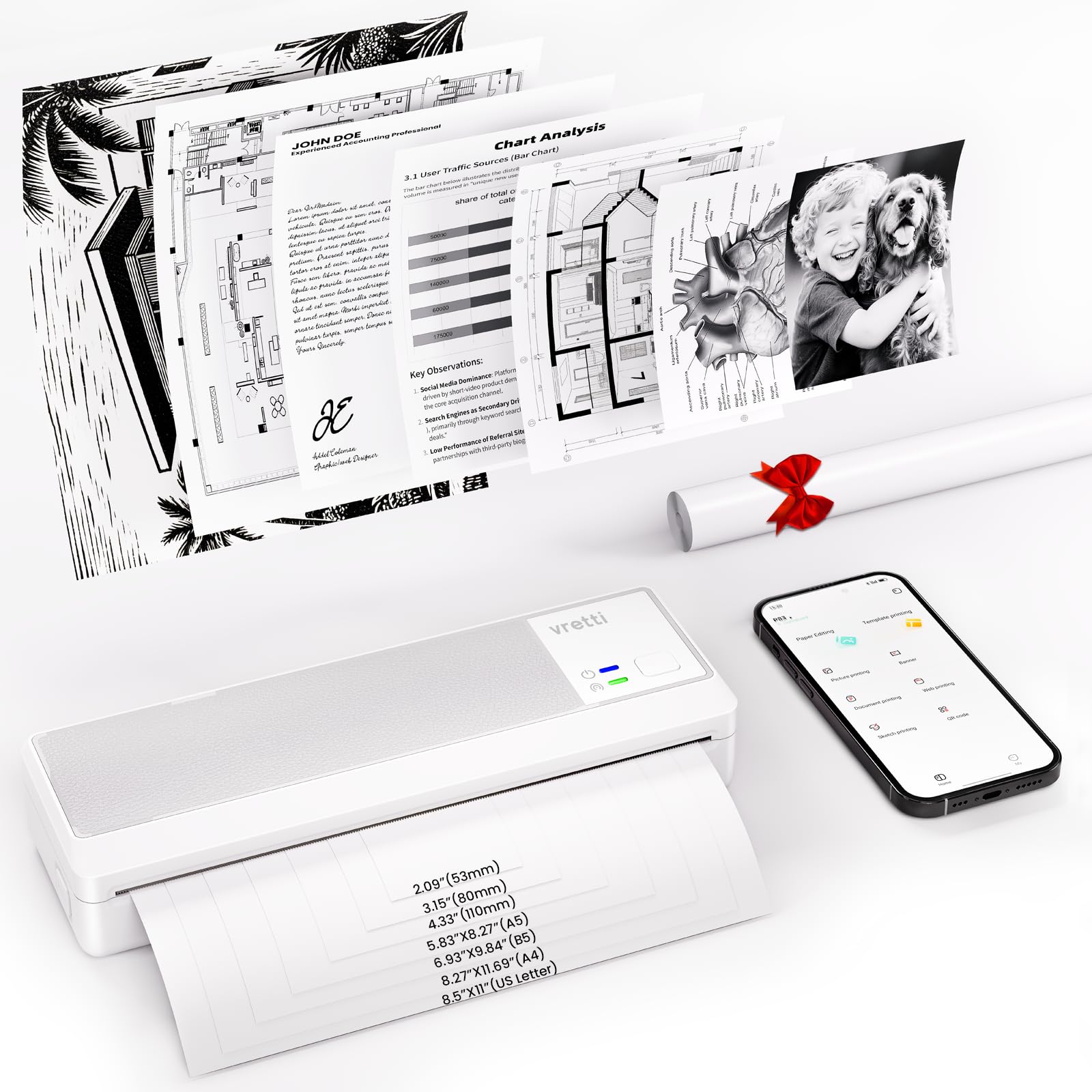 vretti Imprimante Mobile A4 Thermique Compatible Android iOS 210 x 297 mm