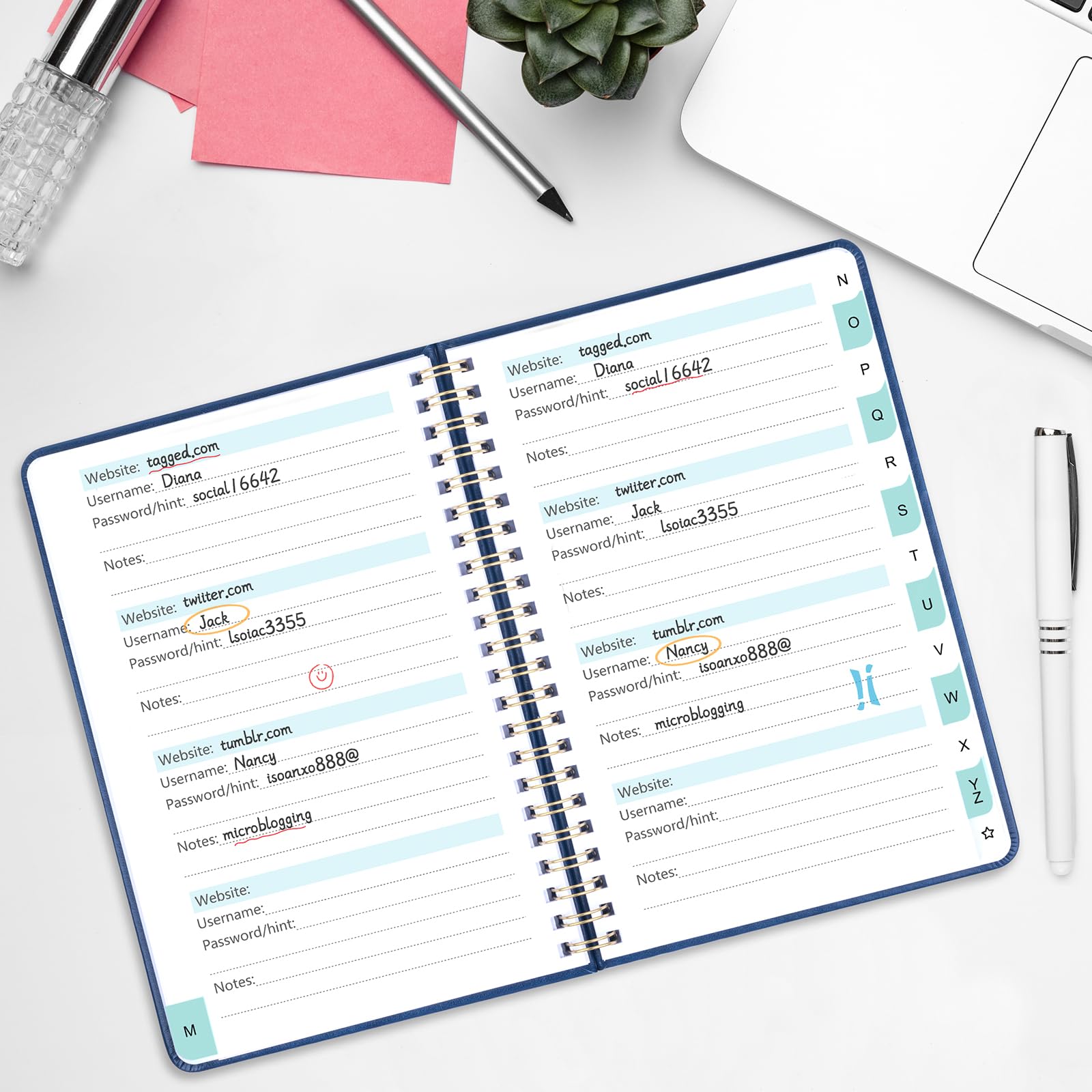 Homlive Cuaderno de contraseñas en espiral con pestañas alfabéticas individuales, libro de contraseñas de tapa dura para personas mayores, cuaderno de contraseñas para el hogar u oficina y inicio de