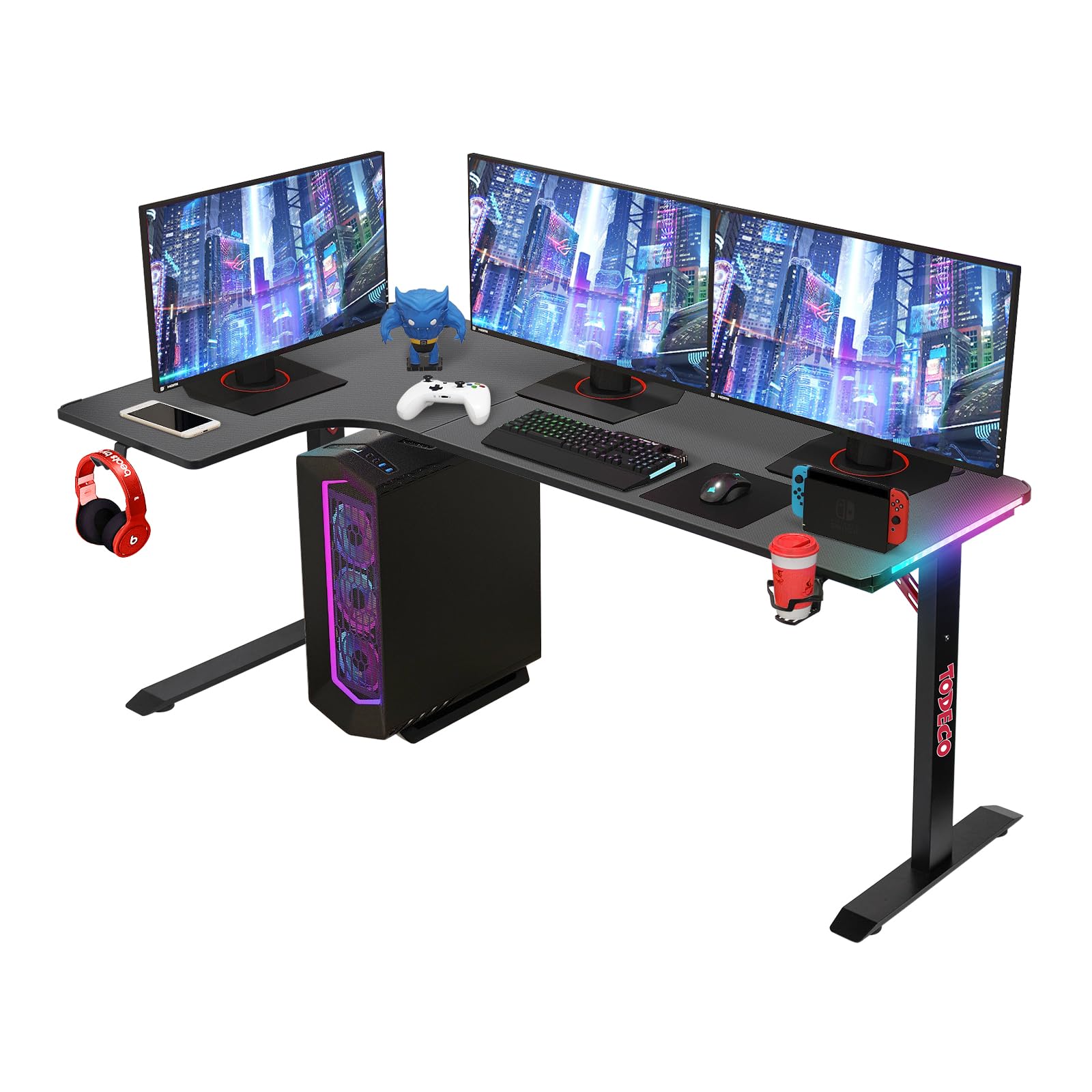 Todeco Scrivania Gaming a L 160x100 cm con LED RGB, Scrivania Ad Angolo | con portabicchiere, gancio cuffie, 40 modalità RGB con telecomando, piedini regolabili, piano effetto fibra di carbonio