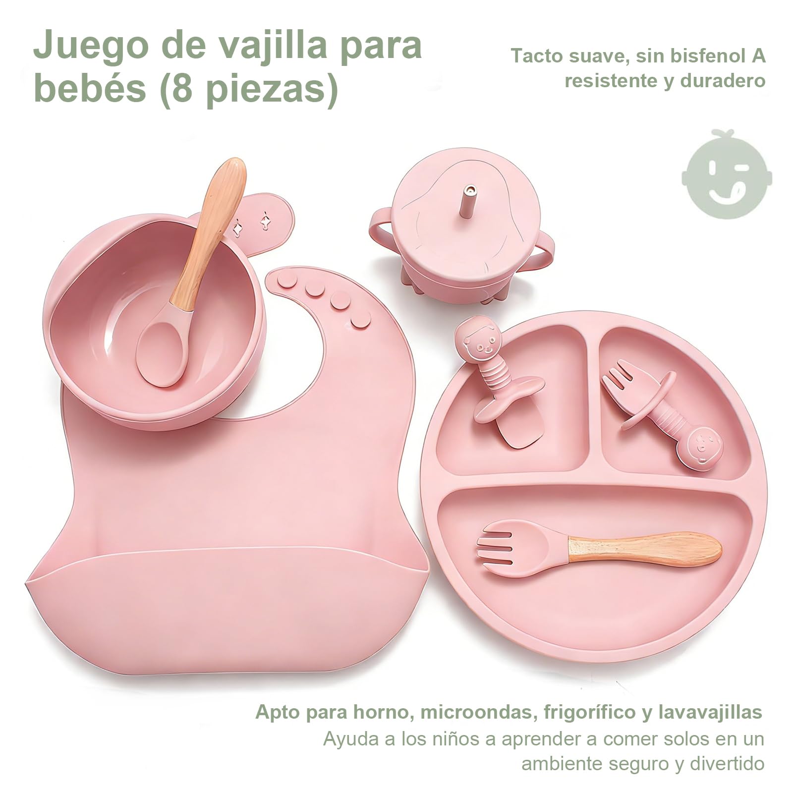 Juego de vajilla infantil de silicona, 8 piezas (plato de bebé con ventosa, cuchara, tenedor, cuenco, babero, vaso), sin BPA, lavavajillas y microondas, azul (rosa)