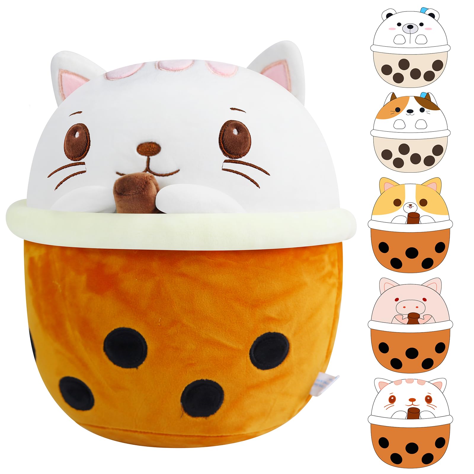 Gisqis 12" Cute Boba Cat Plush Boba Stuffed Animal Soft Kawaii Boba Tea Squishy Plush Hugging Pillow Cartoon Birthday Gift Kids Body Pillows for Girls