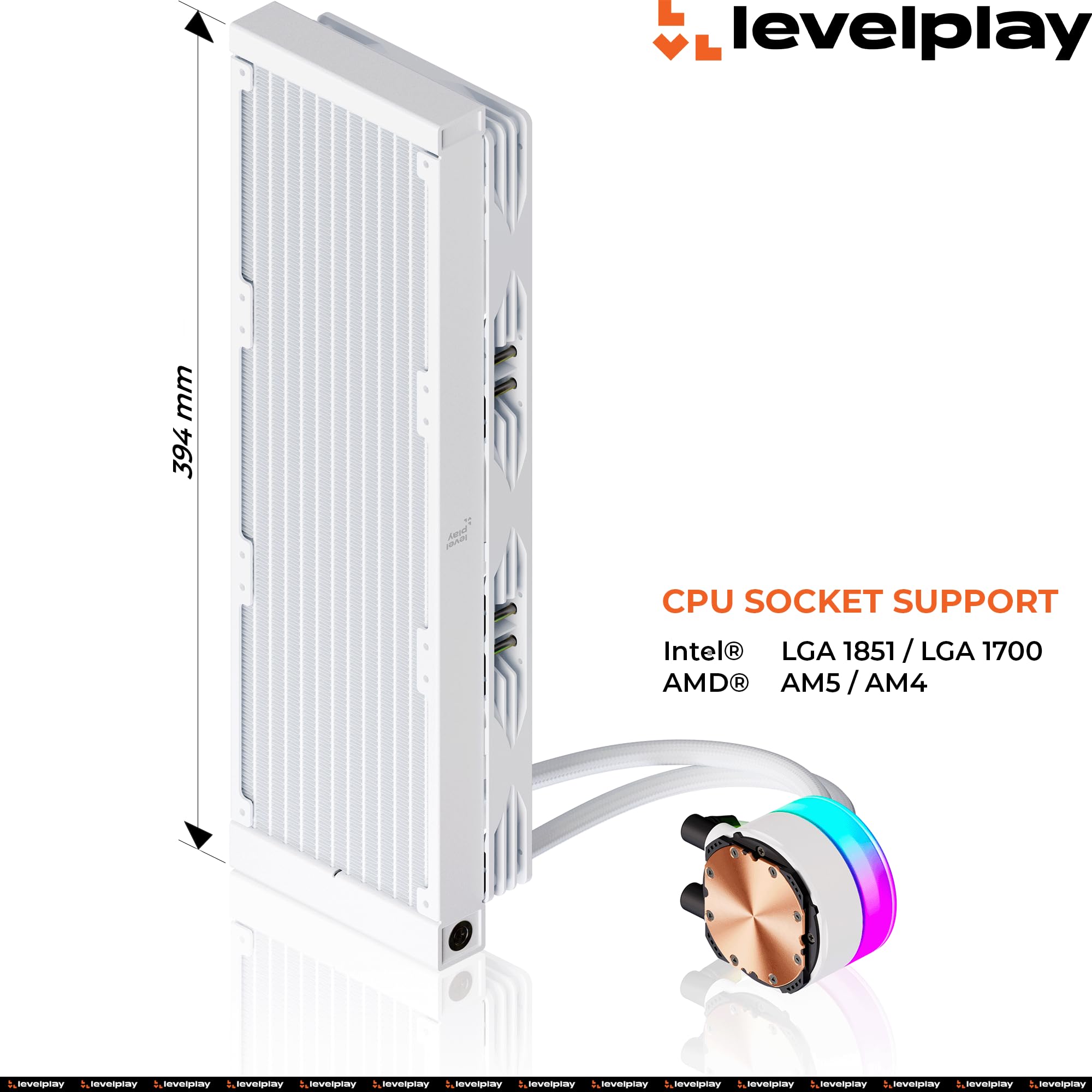 Levelplay Combat Liquid 360 SE – Watercooling AIO CPU 360mm, TDP 300W, cache de pompe ARGB, 360mm radiateur, ventilateurs 360 Single-Frame, AMD AM5 / AM4 & Intel LGA 1851 / LGA 1700 – Blanc