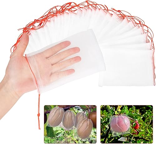100 bolsas de protección de frutas Kikhope de 6 x 4 pulgadas, bolsas de red de jardín con cordón, bolsas de red de frutas, bolsas de árboles