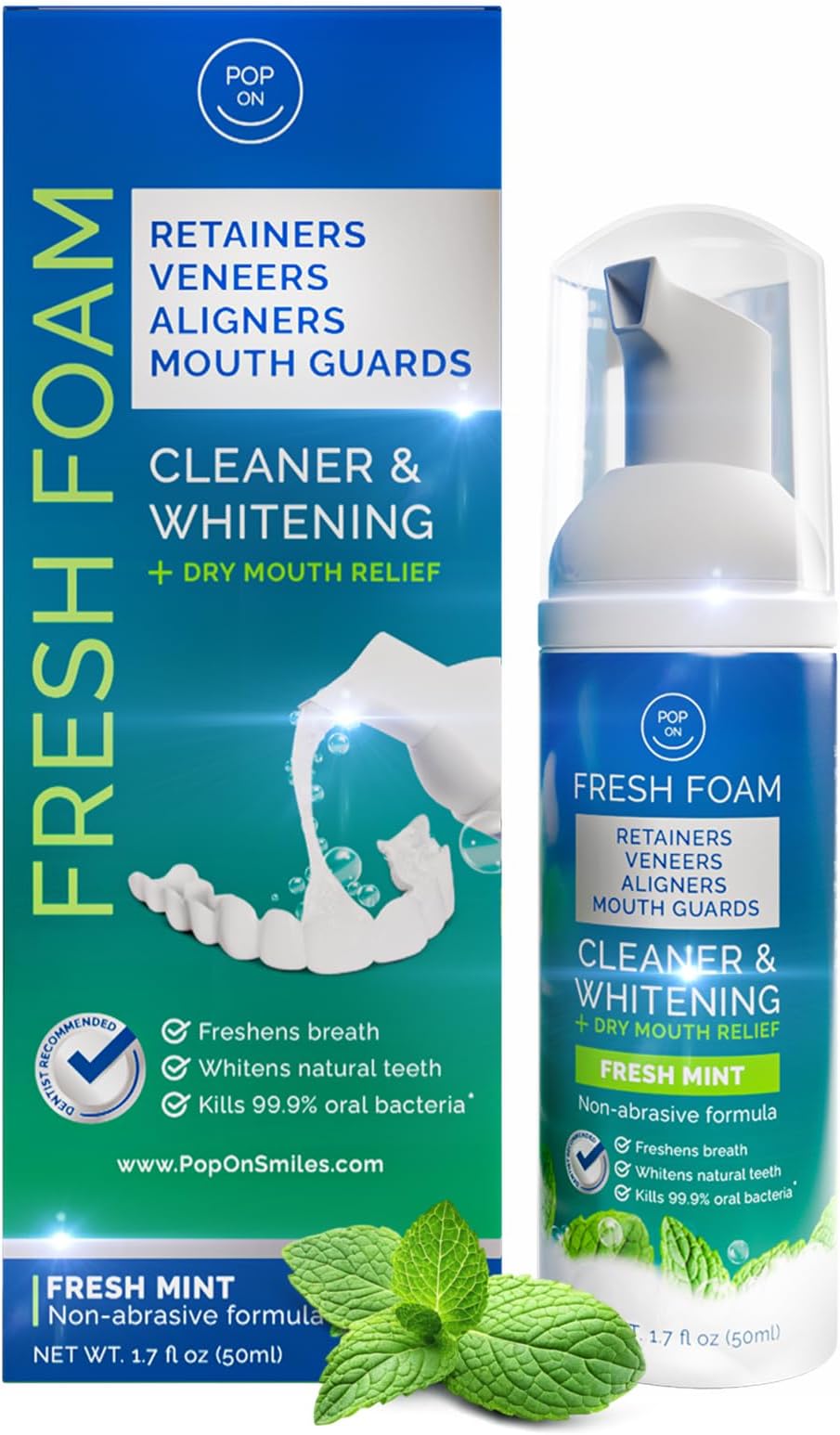 Retainer Cleaner Foam for Invisalign, Aligner Cleaner Whitening Foam for Mouth Guard Night Guard Veneers, Whitens Teeth, Freshens & Fights Bad Breath, 3% Hydrogen Peroxide, Mint - 50ml
