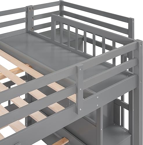 Miniatura 25 de Litera triple de madera maciza con cajones de almacenamiento y escalera, base de litera resistente con barandillas de protección para niños y