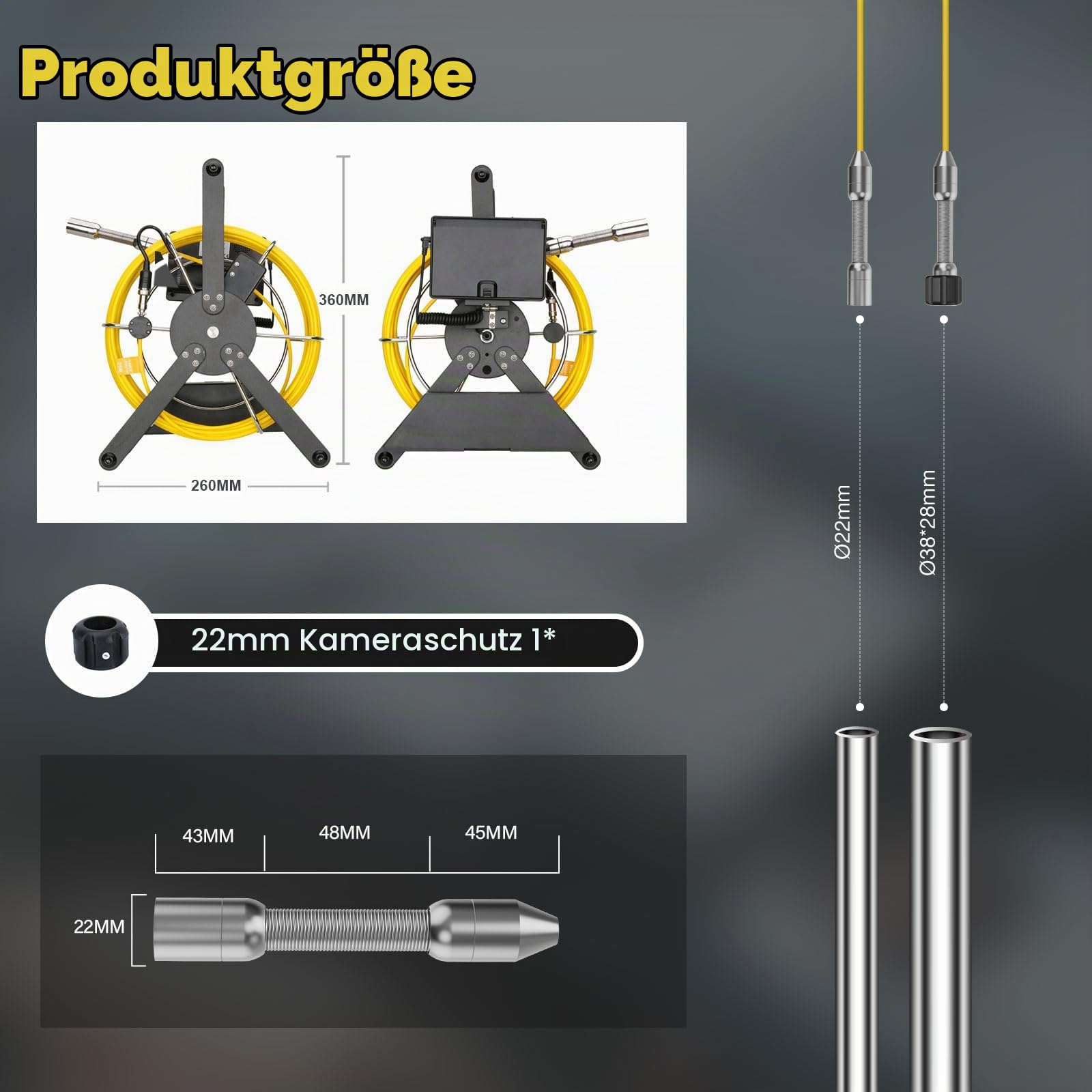 4.3'' Kanalkamera mit Licht, 22mm Kanalinspektionskamera mit DVR, Rohrkamera wasserdichte IP68 Endoskopkamera mit 12pcs LED-Leuchten, 5600mAh Akku, 16 GB TF-Karte
