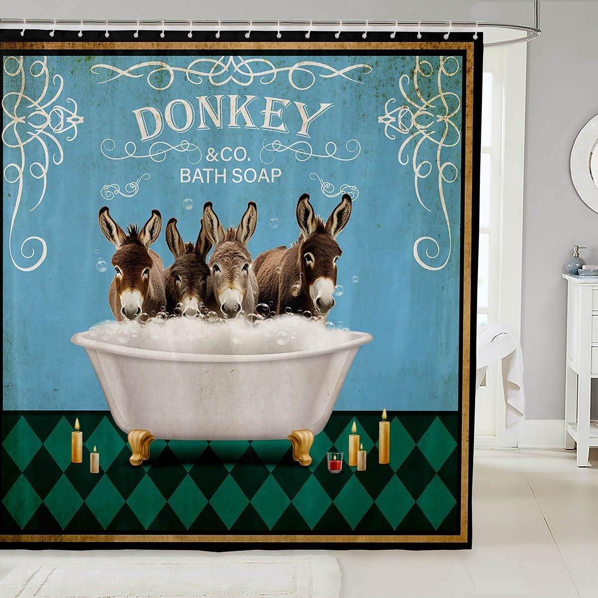 Feelyou Cute Donkey Shower Curtain Kids Retro Funny Farm Animal Bathroom Curtain Vintage Farmhouse Brown Donkeys Blue Green Diamond Geometric Bathroom Accessories 72"x84"