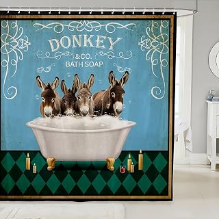 Feelyou Cute Donkey Shower Curtain Set 72"x84" for Bathroom | Funny Farm Animal Bathroom Shower Curtain - Vintage Farmhouse Brown Donkeys Bath Curtain - Blue Green Diamond Geometric