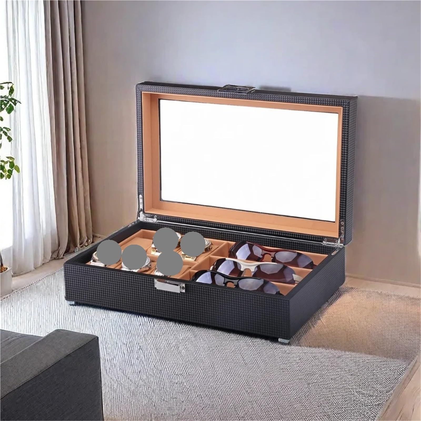 Uhr Brillenetui 6 Gitter Tisch 3 Gläser Aufbewahrungsbox Faser PU Leder Sonnenbrillen Box Display FüR Brillen
