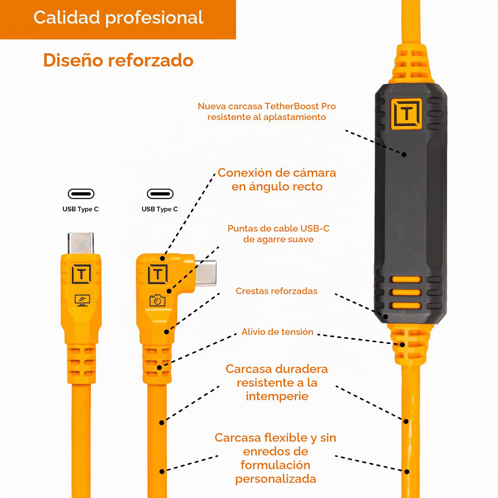 TetherPro Optima 10Gbps Gen 2 USB-C, 4,6 m, recto a derecho, naranja de alta visibilidad | Cable activo USB-C 3.2 Gen 2 solo de datos, naranja, sin Pd, 1 año de garantía