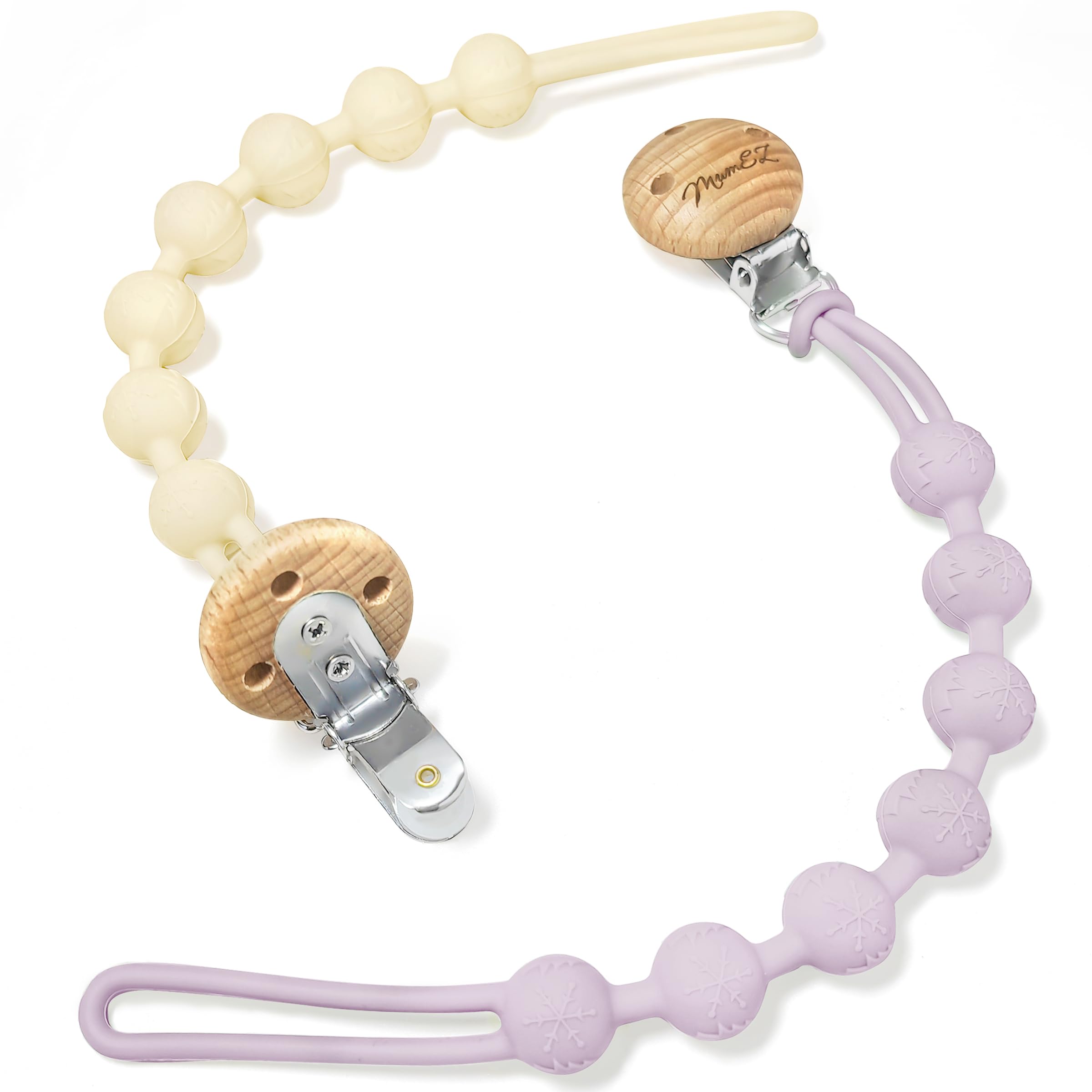 MumEZ Silicone Dummy Clip - 2 Pcs Dummy Clip Girls - Pacifier Clips and Dummy Holder - Soother Chains - One-Piece Design (Cream Whtite+Dusty Lilac)