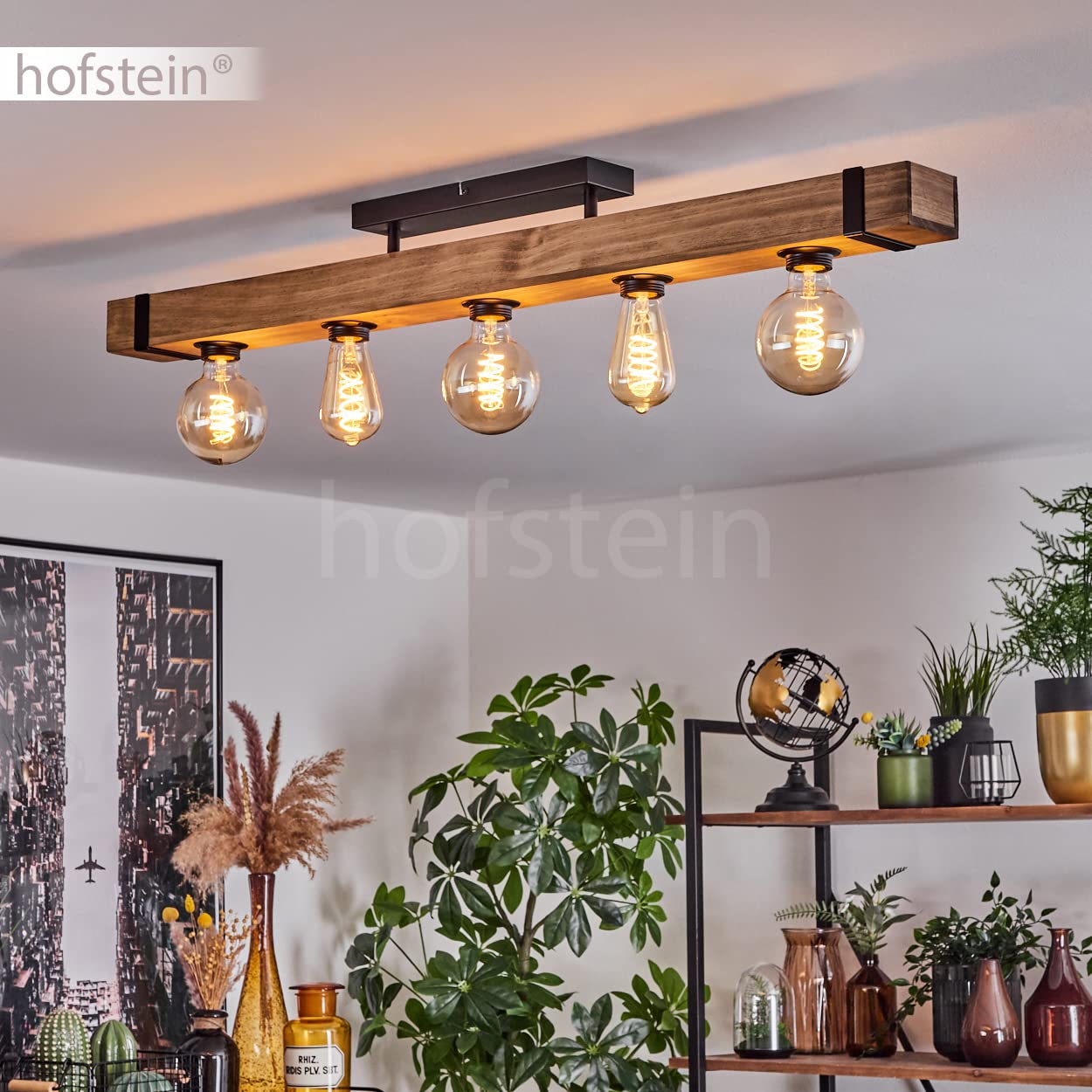 hofstein Lámpara de techo Montgomery, lámpara de techo de metal/madera en negro/naturaleza con viga de madera (100 cm), 5 x casquillo E27, sin bombillas