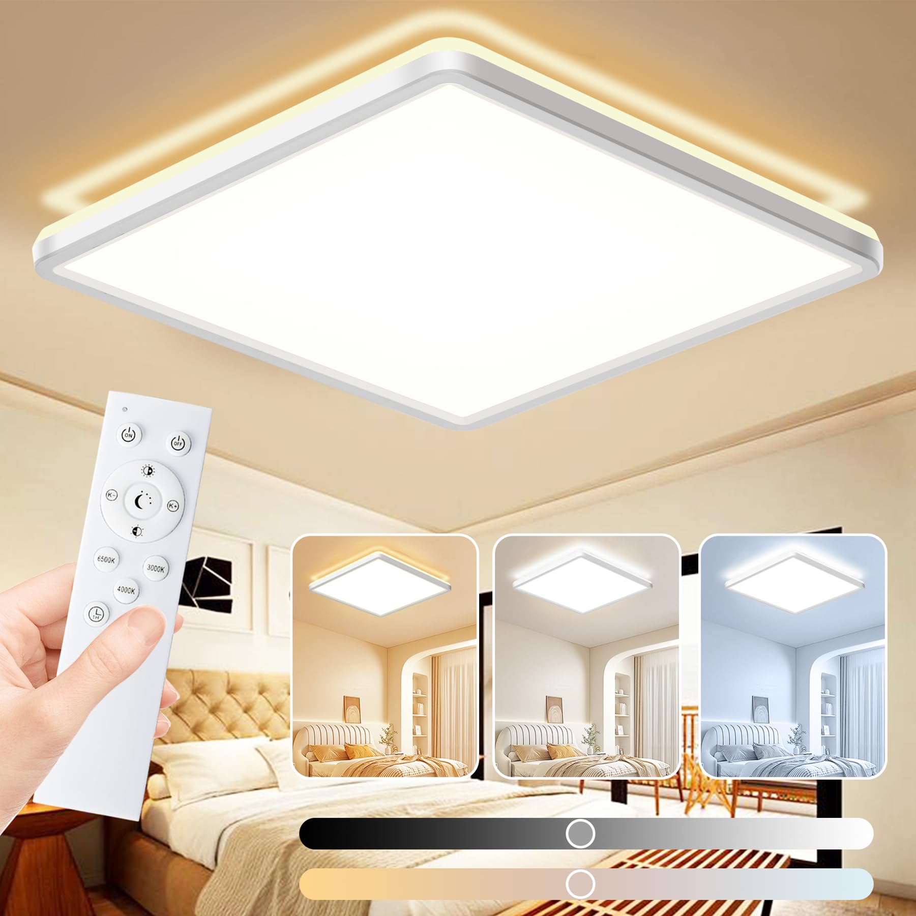 MJKOPEE 24W Lamparas de Techo Regulable, Plafon Led Techo 3000K-6500K con Mando a Distancia, LED Lampara de Techo Moderno Ultra Delgado para Cocina,Salon,Dormitorio,Pasillo,Baño (Blanco, 1Pcs)