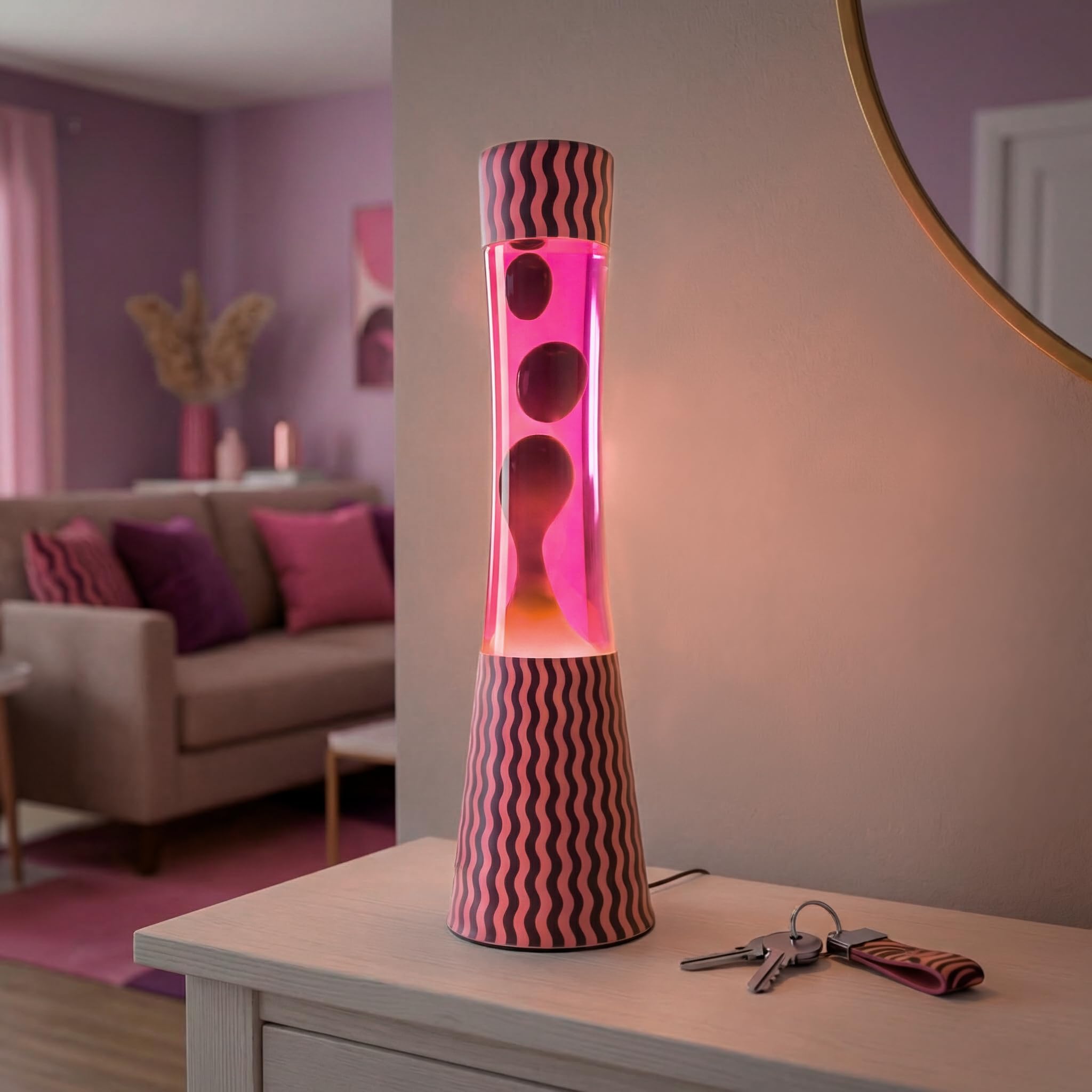 Fisura – Lampe à lave effet ondulations. Lampe décorative relaxante pour maison ou bureau, design original avec lave marron et liquide rose, ampoule de rechange incluse, 11 x 11 x 39,5 cm