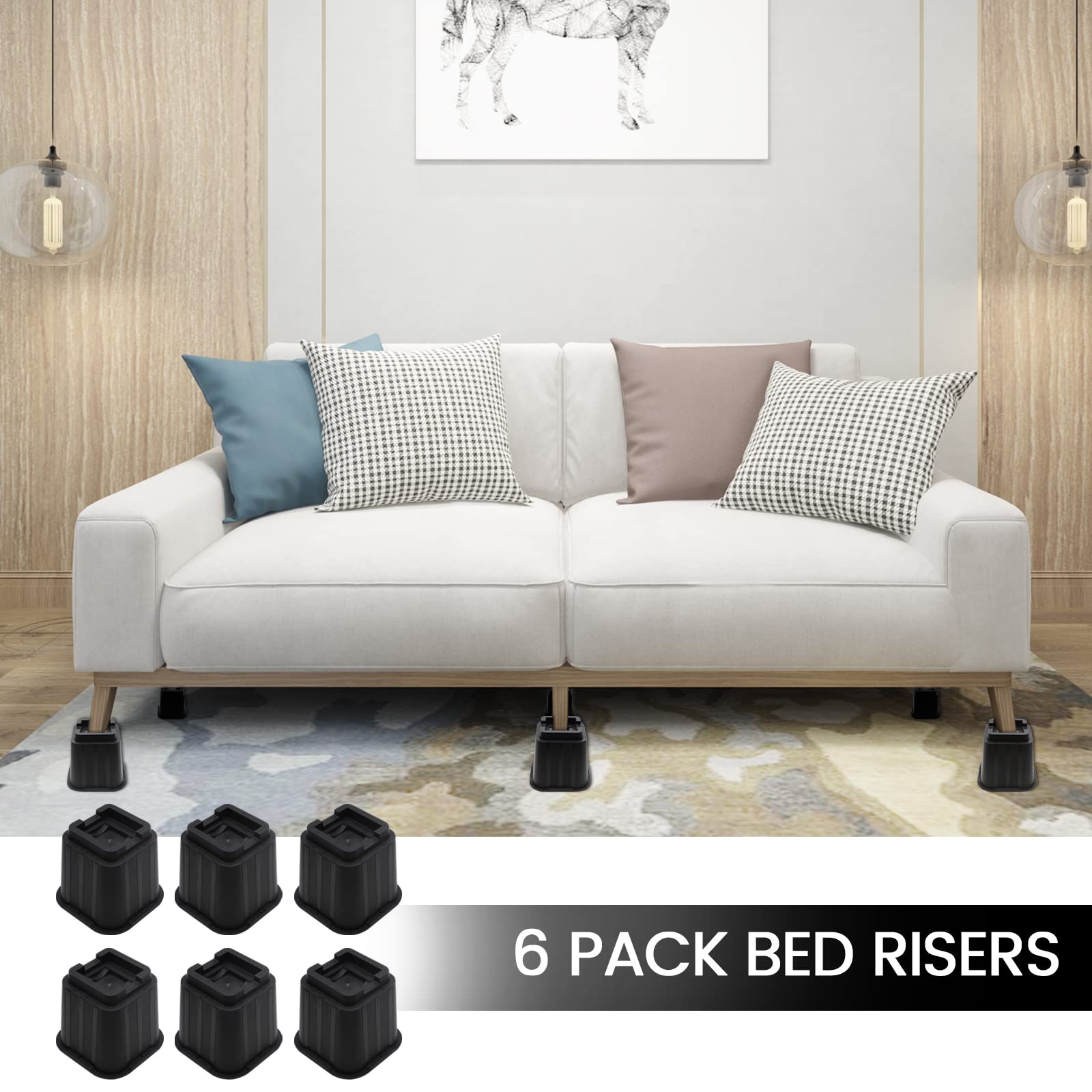 MYMULIKE Elevadores de cama de 5 pulgadas, elevadores de cama resistentes soportan hasta 6000 libras para sofá, mesa, sofá, silla o escritorio (juego de 6, negro)