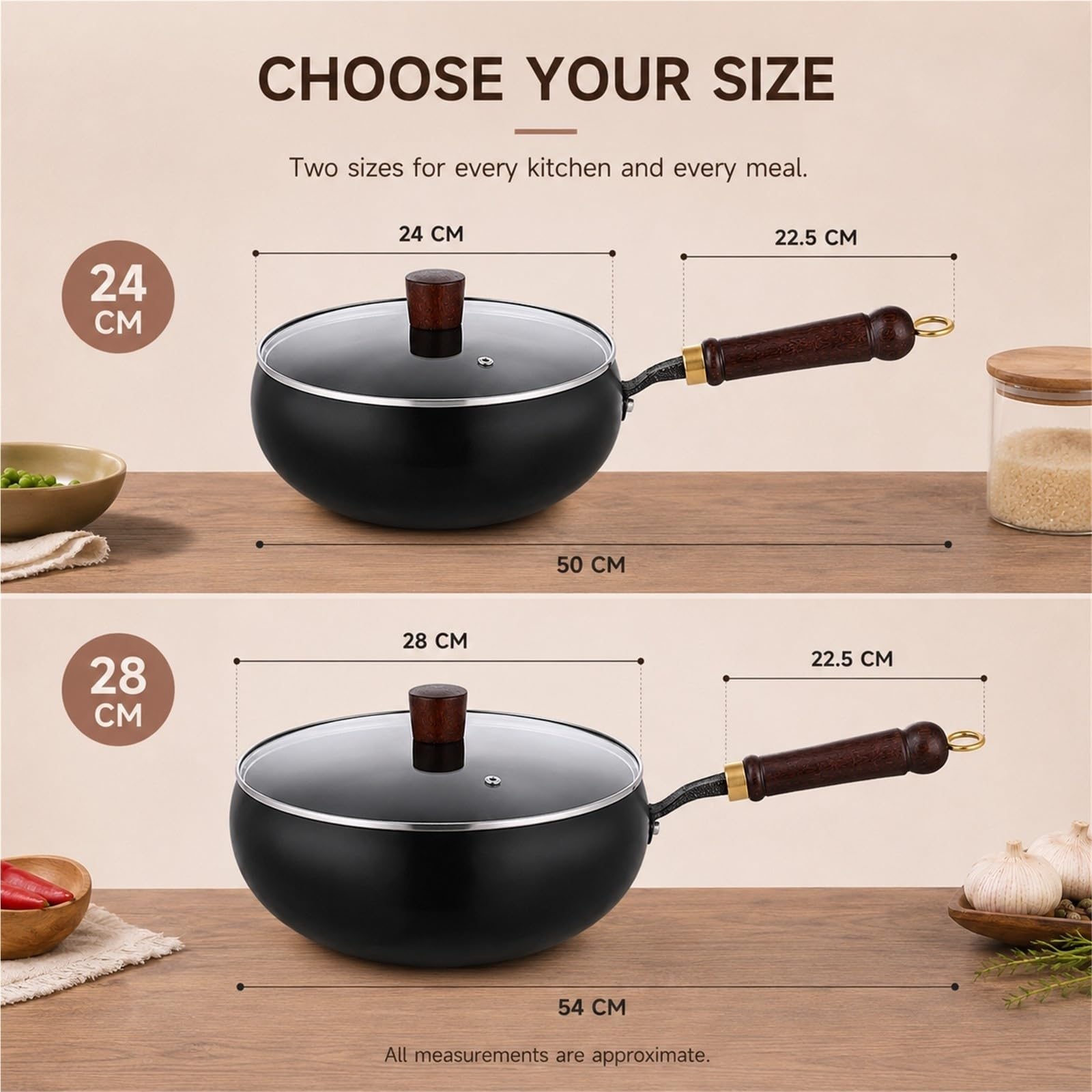 Wok hierro fundido grueso sin recubrimiento, tapa de madera y espátula