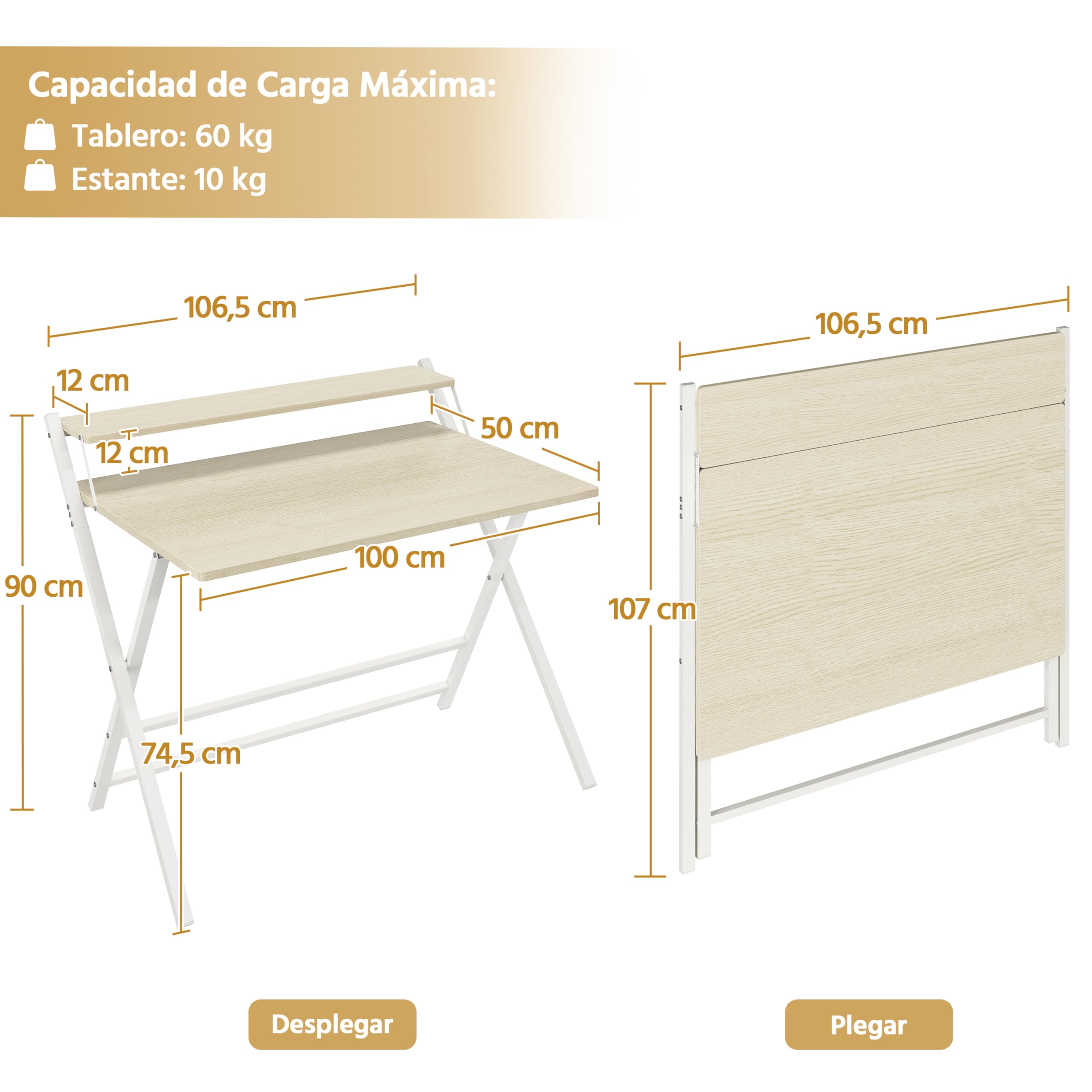 Yaheetech Escritorio de Ordenador Plegable 50x100x74.5cm con Estante de Monitor, Fácil de Plegar y desplegar, Adecuado para Dormitorio, Estudio y Salón, Beige