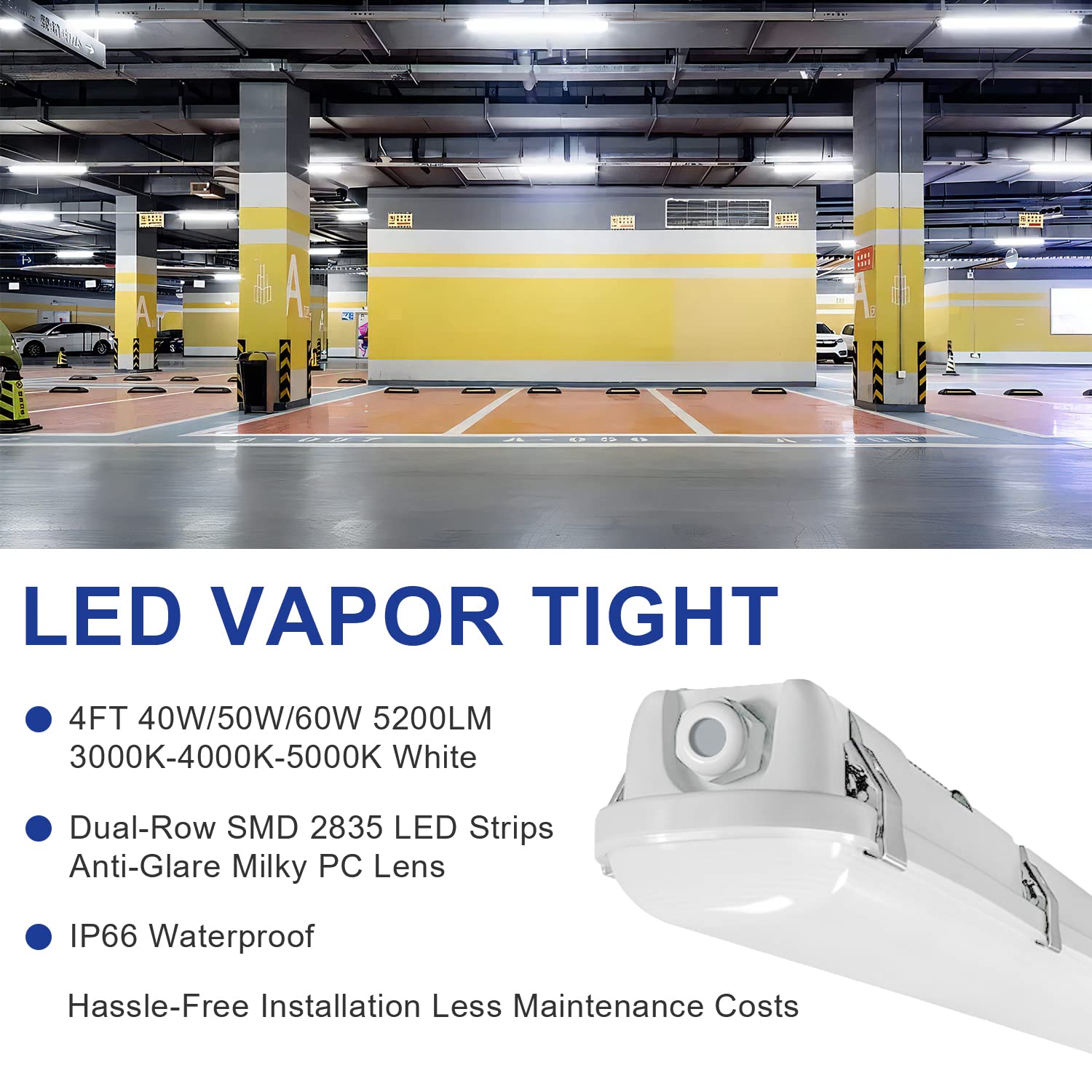 40W 50W 60W Power Selectable LED Vapor Tight Light 4FT 3CCT 3000k-4000k-5000k 7800LM Industrial Vapor Proof Parking Garage — view 5
