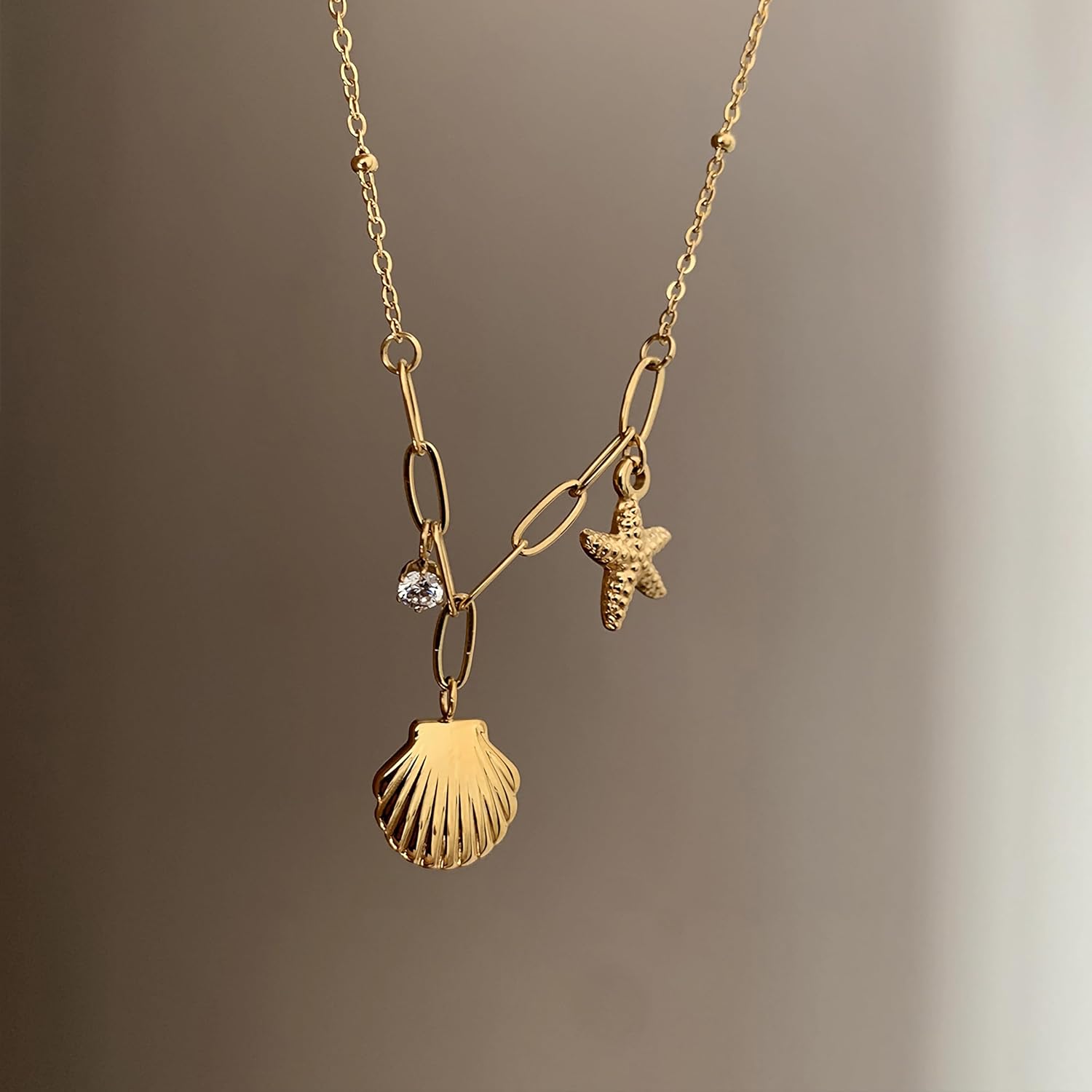 Shell Starfish CZ Charm Necklace for Women 14k Gold Plated Dainty Shell Pendant Necklaces 925 Silver Choker Chain Pearl Starfish Necklace to Daughter Mom Summer Beach Trend Accessory Wedding Birthday Jewelry Gifts
