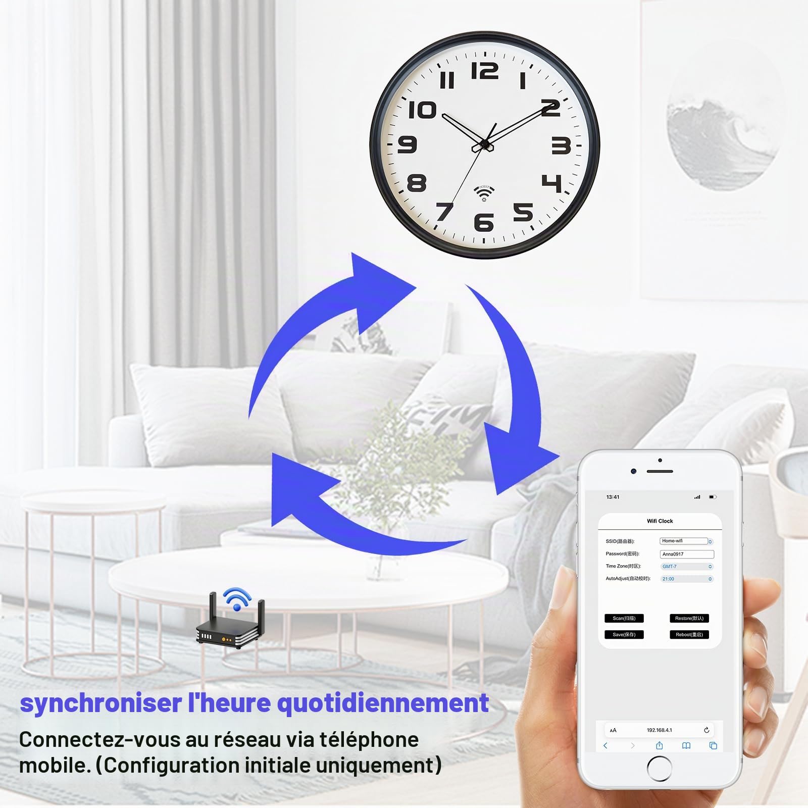 OCEST Horloge murale analogique Wi-Fi de 30,5 cm, réglage automatique de l'heure