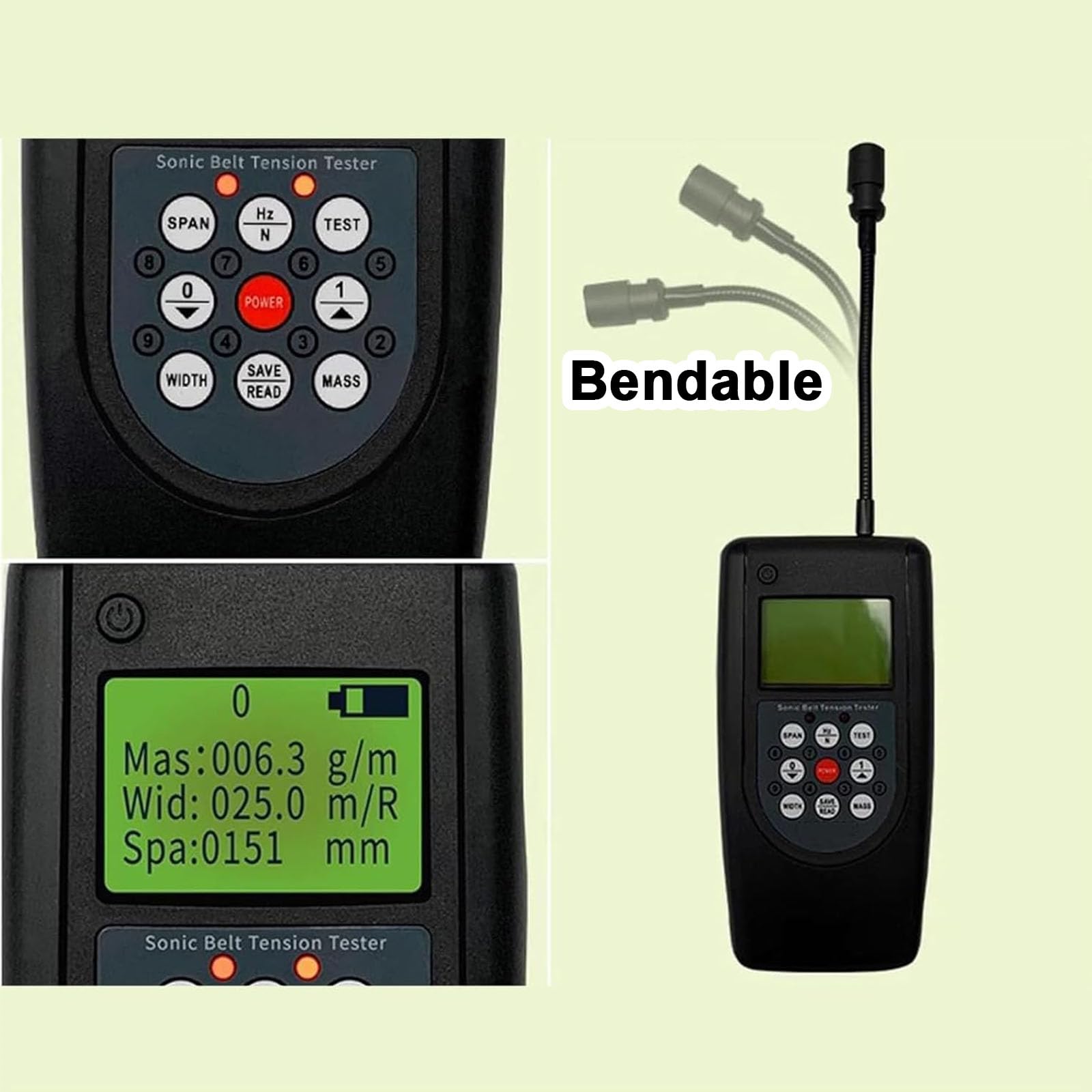 Medidor de tensión de correa con pantalla LCD, sonda de dirección ajustable, detección ultrasónica, rango de frecuencia de 10 Hz a 680 Hz para correas multiV