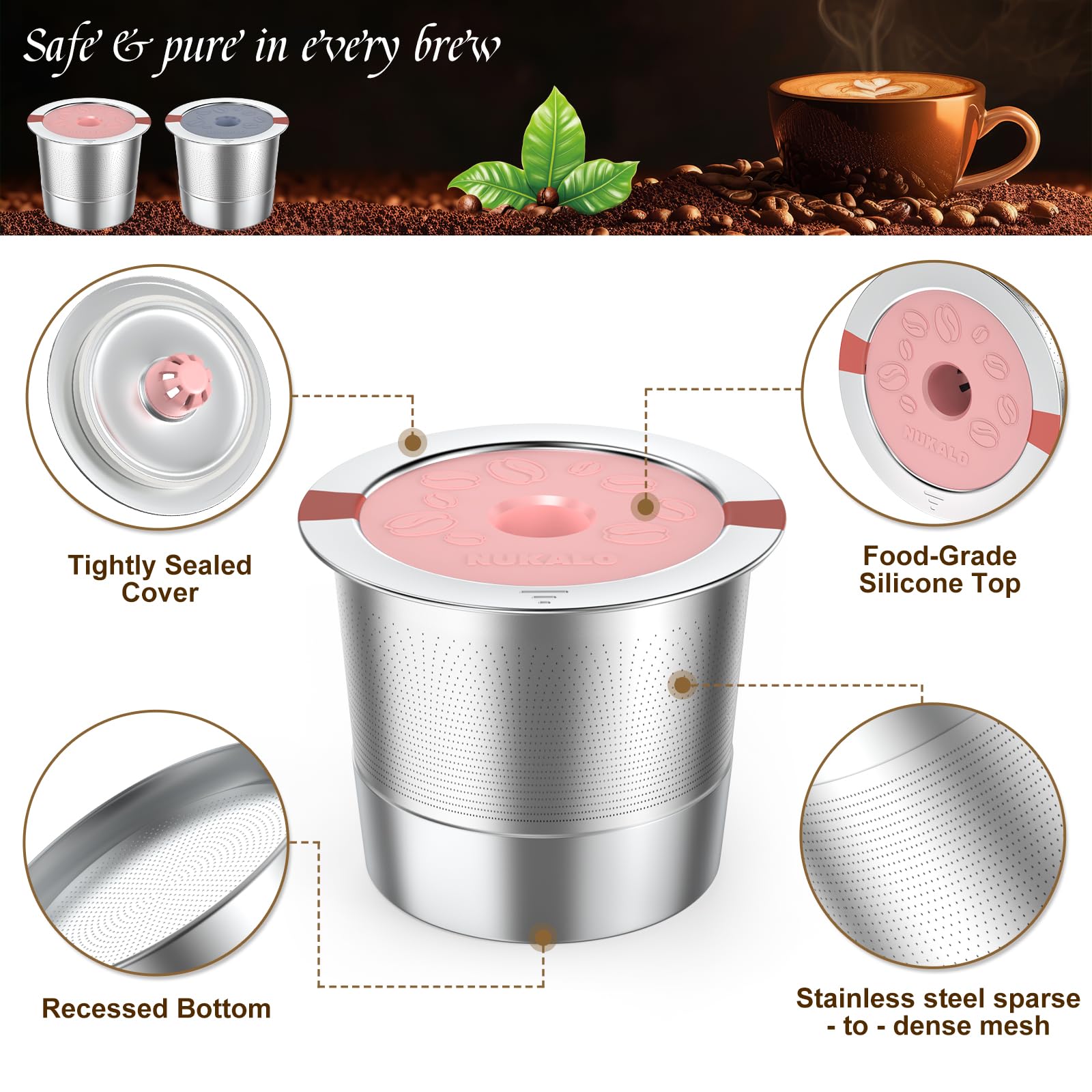 Kcup - Cápsulas de café recargables de acero inoxidable reutilizables para Keurig Metal K Cup, filtro de café reutilizable rosa y gris para cafetera Keurig 1.0 y 2.0, ecológica, Stratum Flow