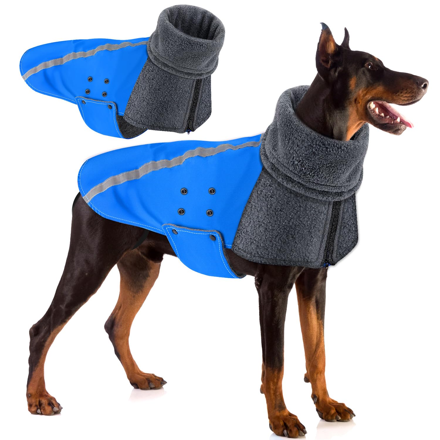 SlowTon Dog Jacket for Large Medium Small Dogs, Warm Fleece Dog Winter Coat with Turtleneck Scarf, Rain Proof Windproof Reflective Puppy Outdoor Vest Snow Cold Weather Coat (XXL,Blue)