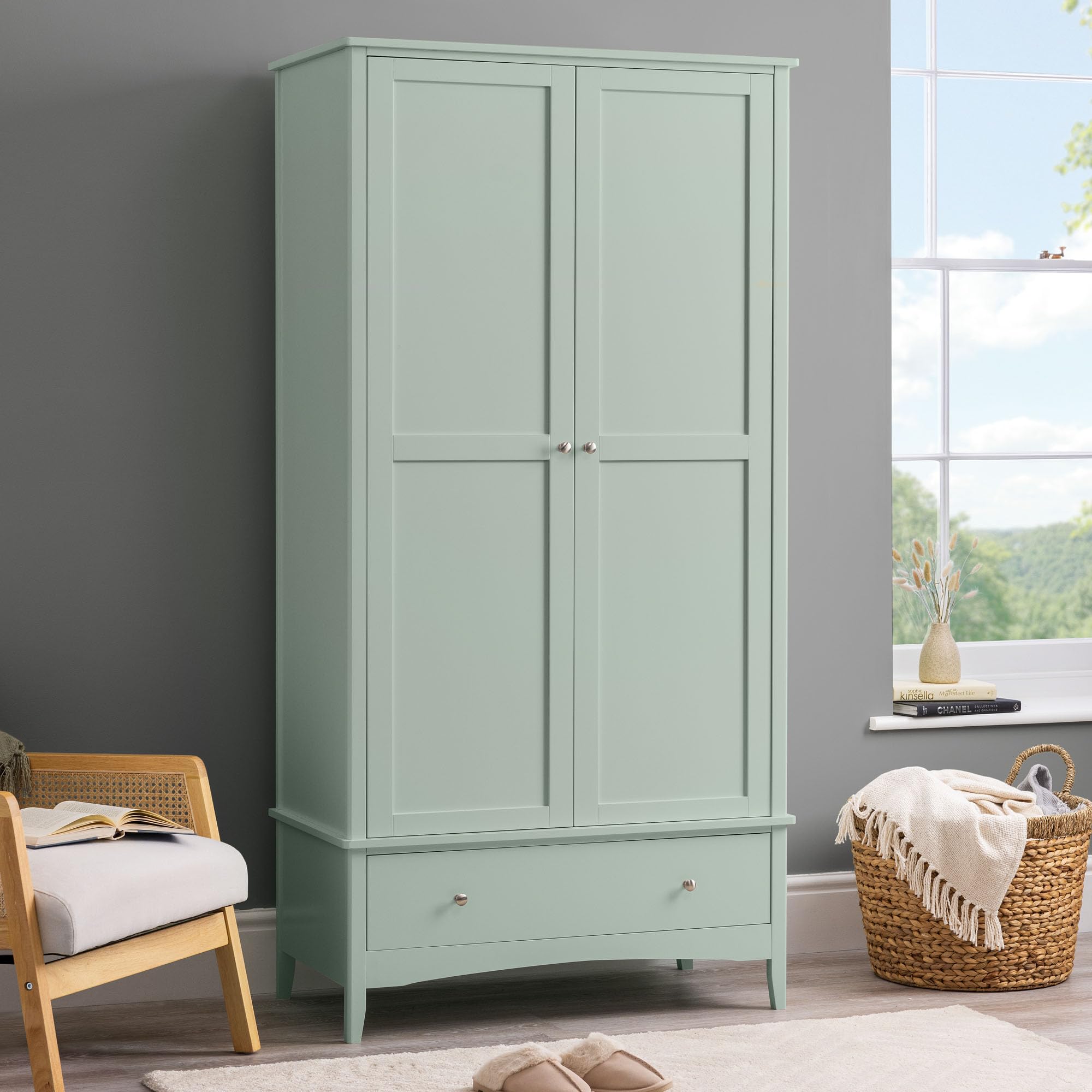 Christow Sage Green Double Wardrobe With Drawer, Door Storage Cupboard, Modern Wooden Mdf Bedroom Furniture, Clothes Rail, Shelf, Brushed Chrome Handles, Soft Shut Hinges (185Cm X 94.5Cm X 50Cm) Size 2