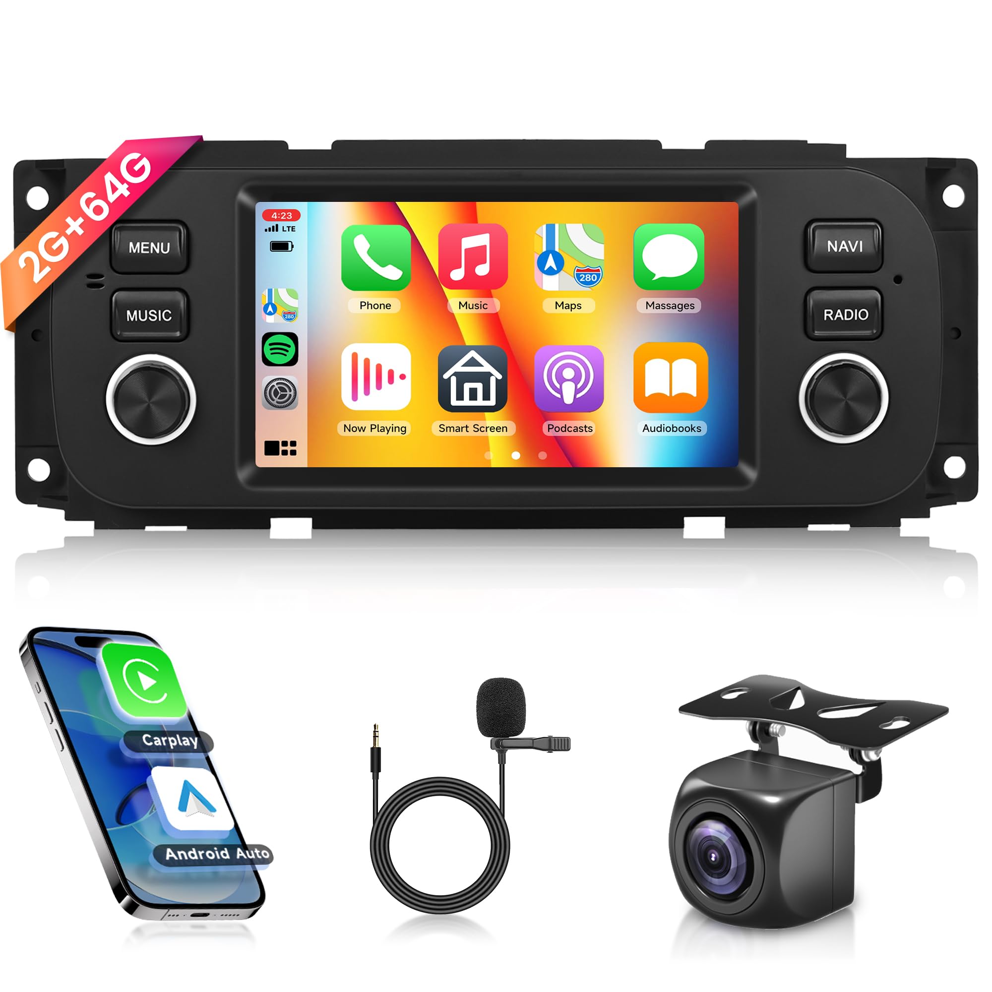 64G Wireless Carplay Android Radio de Coche para Jeep Grand Cherokee Wrangler Liberty Chrysler Grand Voyager 300M PT Cruiser RAM 1500 2500 5 Pulgadas Radio Android Auto Navi GPS WiFi Bluetooth FM/RDS