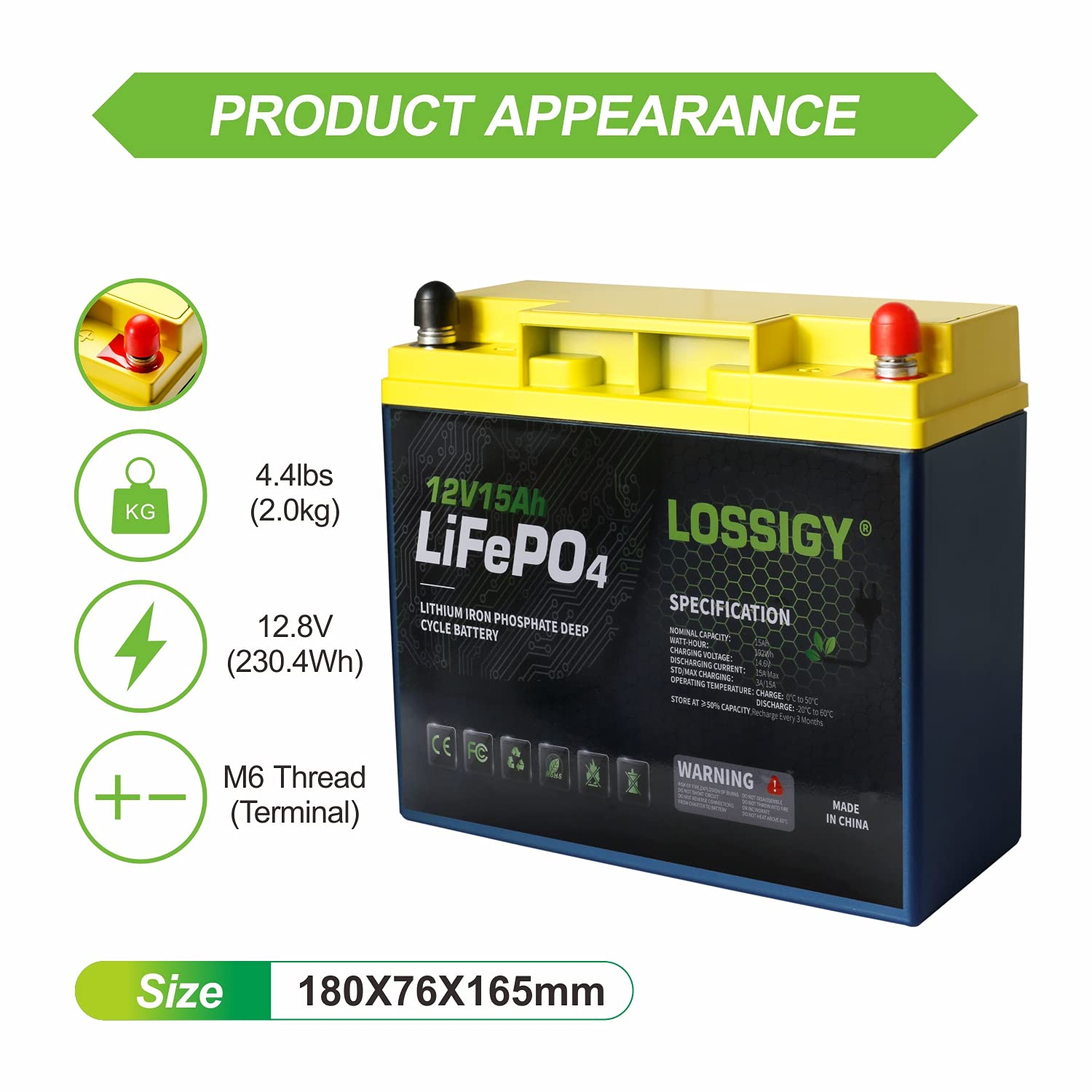 Buy LOSSIGY 12 Volt Lithium Ion Battery 15Ah Rechargeable Lifepo4