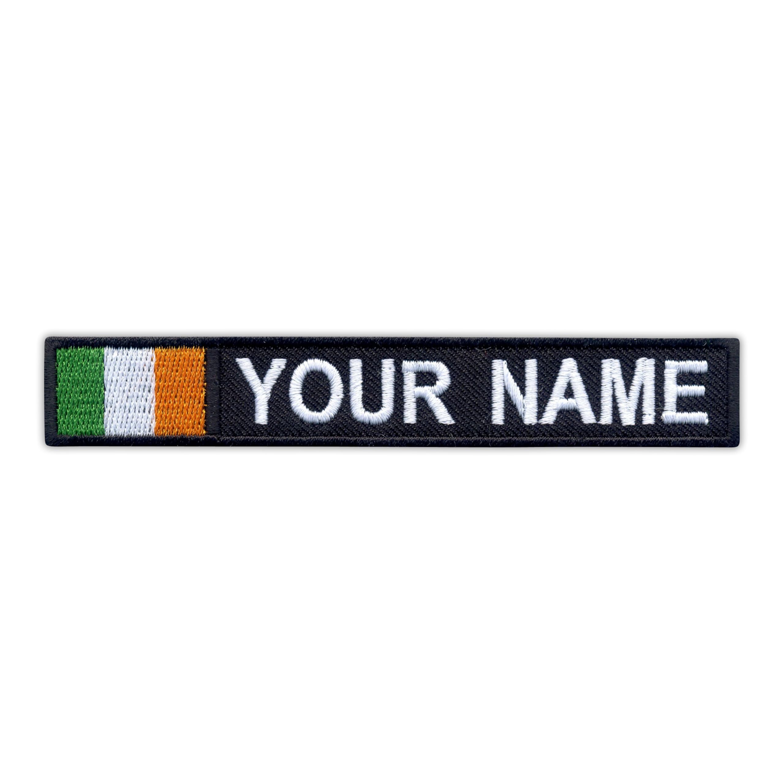 Set di quattro toppe con nome e bandiera dell'Irlanda, in velo nero, retro con gancio e anello, toppa ricamata, stemma