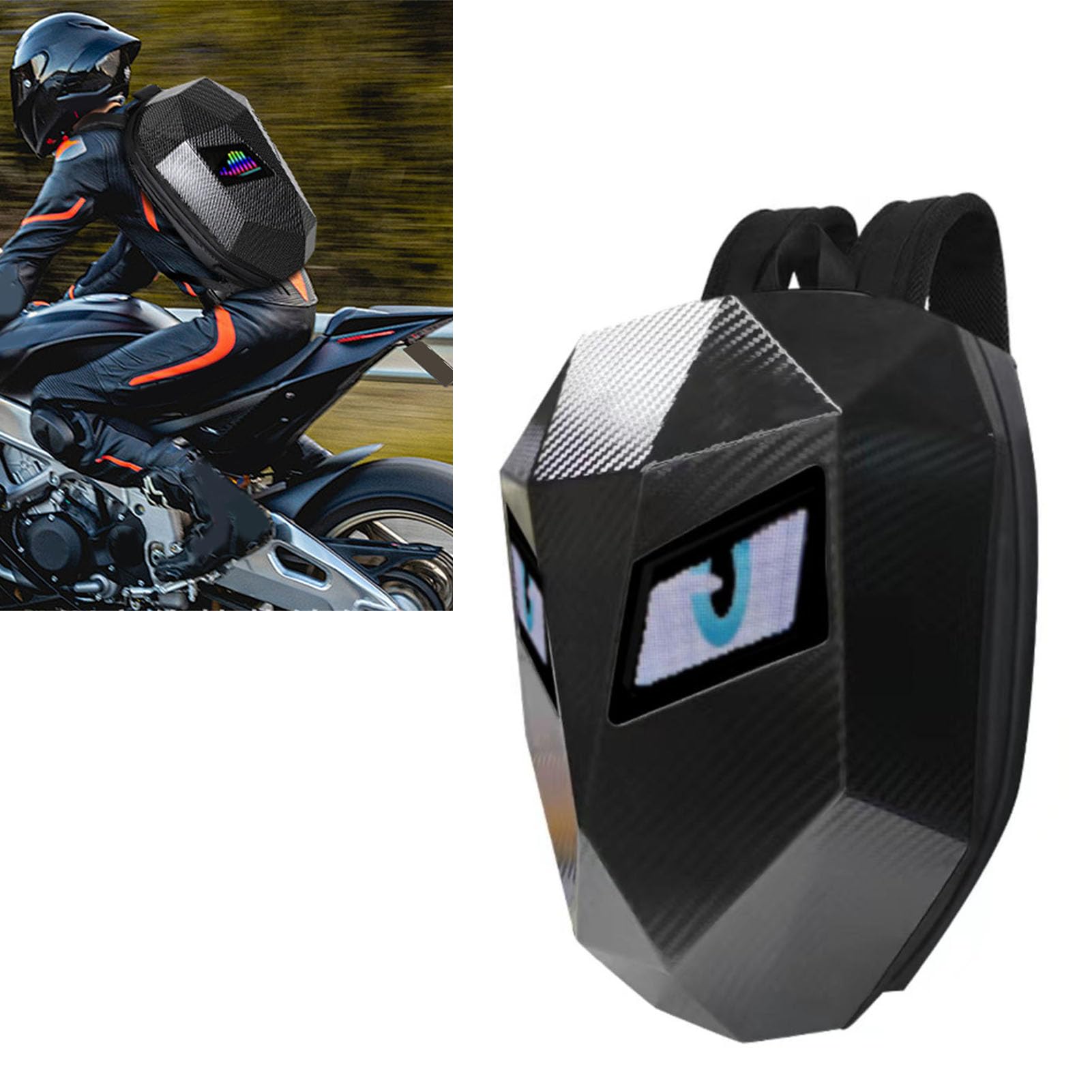 Bewinner Sac à Dos LED Moto texturé en Fibre de Carbone – Sac à Dos de Moto Homme à Coque Rigide 3D avec écran Numérique Programmable, Sac de Casque D'équitation étanche pour L'extérieur