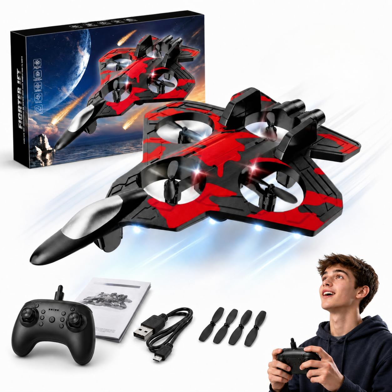 SGM Red Fury Fighter Jet RC Drone for Kids, 360° Flip Quadcopter Aeroplane with LED Night Lights & Spiral Wing Guards, Crash-Resistant Remote Control Toy, Indoor Outdoor Stunt Drone - BK5