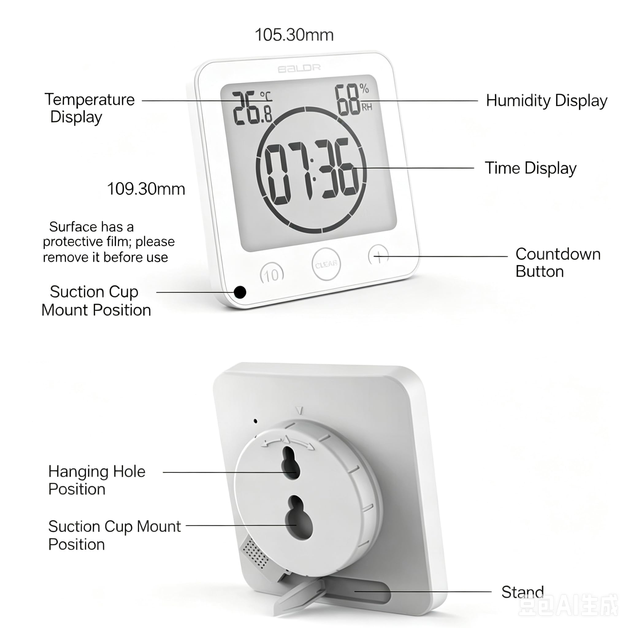 Geräuschloser Timer, Feuchtigkeitsthermometer,Weiß