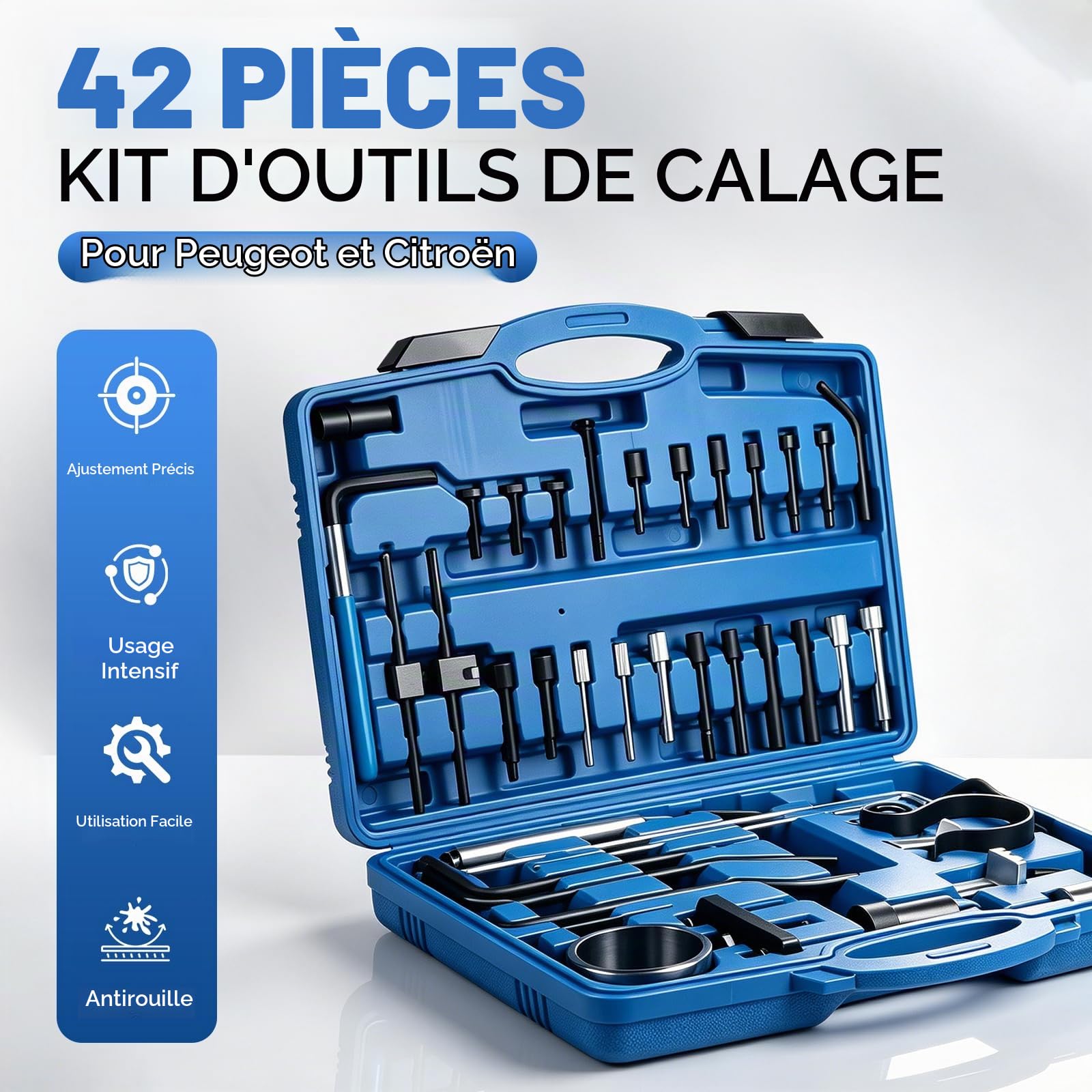 EXLECO 42 Pièces Outil de Calage de Distribution et Réglage d'arbre à Cames pour Moteur Essence Peugeot Citroën EW Série 16V, Outil pour Chaîne et Courroie de Distribution