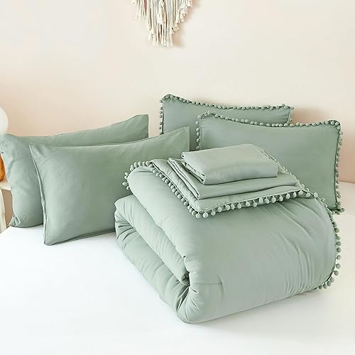 Miniatura 7 de Litanika Juego de edredón tamaño Queen, color verde salvia, edredón de 7 piezas con flecos de pompones, juego de cama bohemio estético con edredón,