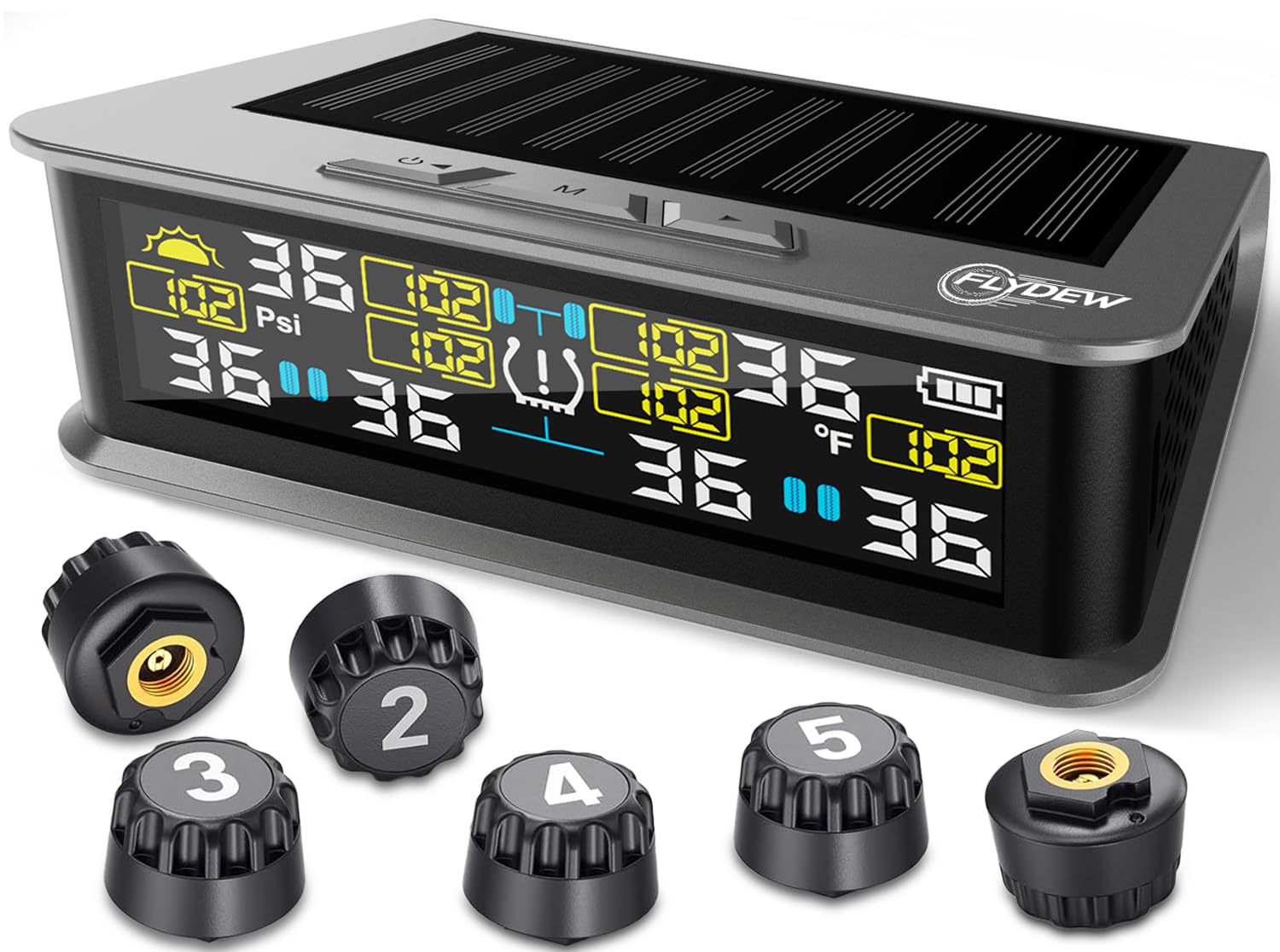 6-Wheel RV Tire Pressure Monitoring System (TPMS) - 6 Sensors & 6 Alarm Modes | 0-144 PSI ±1.5PSI, Solar/USB Charging | for Dually Trucks & Heavy-Duty Trailers