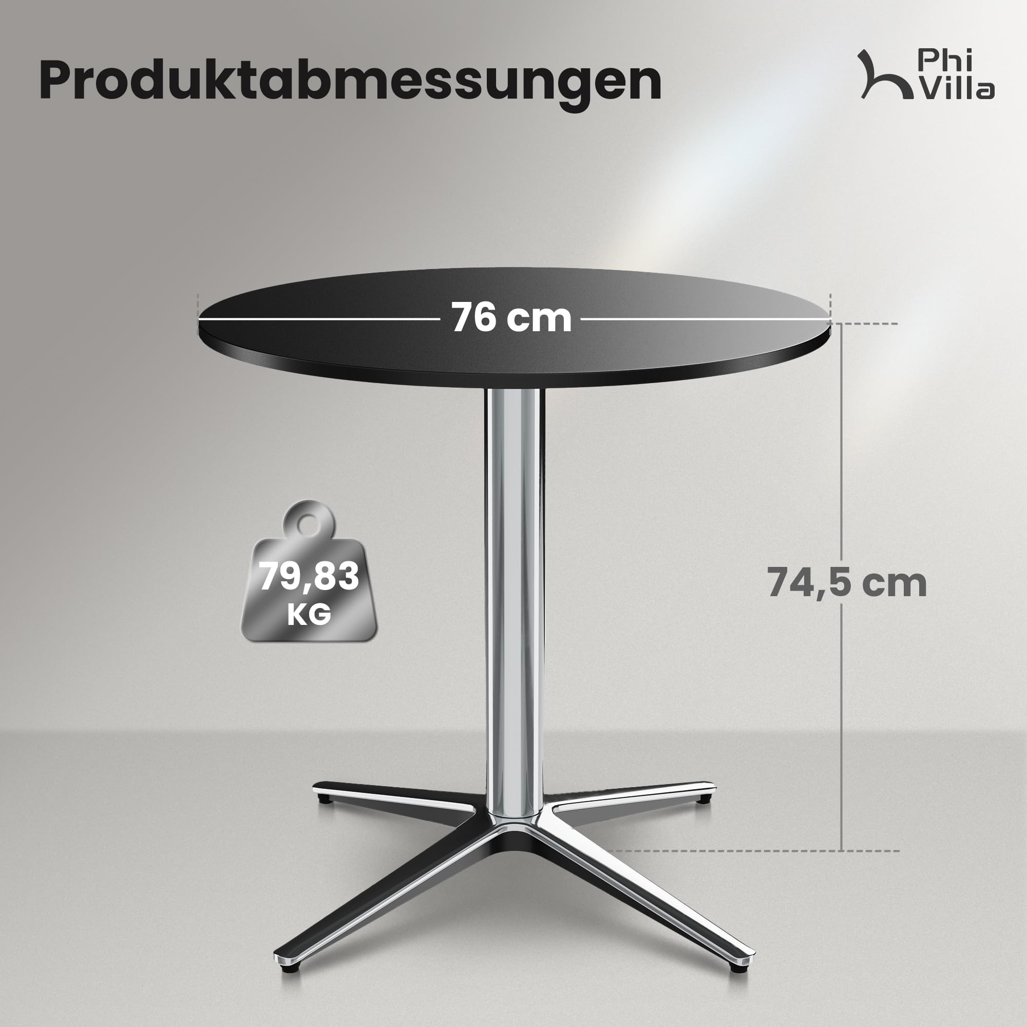 PHI VILLA 2in1 Bistrotisch Rund Wetterfest Esstisch Kleiner Multifunktionstisch für Taverne Garten Balkon Küchen Tisch Ø76x74,5 cm Schwarz