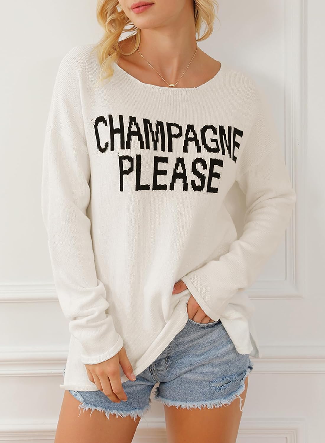 Womens Fashion 2026 Champagne Please Graphic Long Sleeve Pullover Sweater Loose Crewneck Knitted Sweatshirt Tops - Image 6