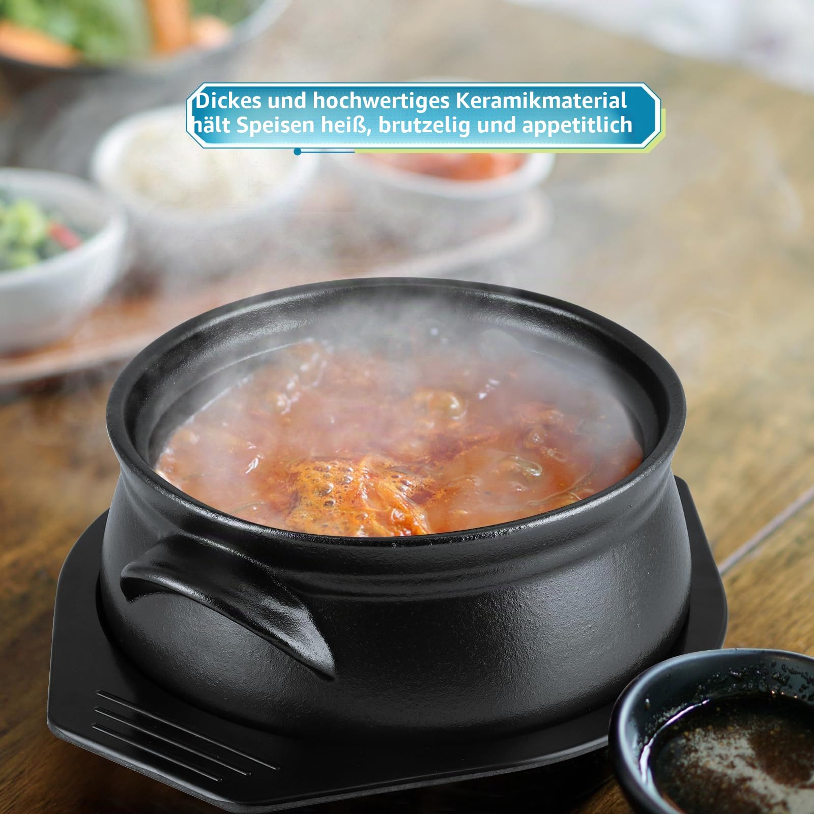Skelang Koreanische Bibimbap-Schale, Keramikschalen, Meeresfrüchtepfanne mit Deckel und Tablett, zum Kochen von Nudeln, Suppe, Reis, Kapazität 1,6 L (Mattschwarz)