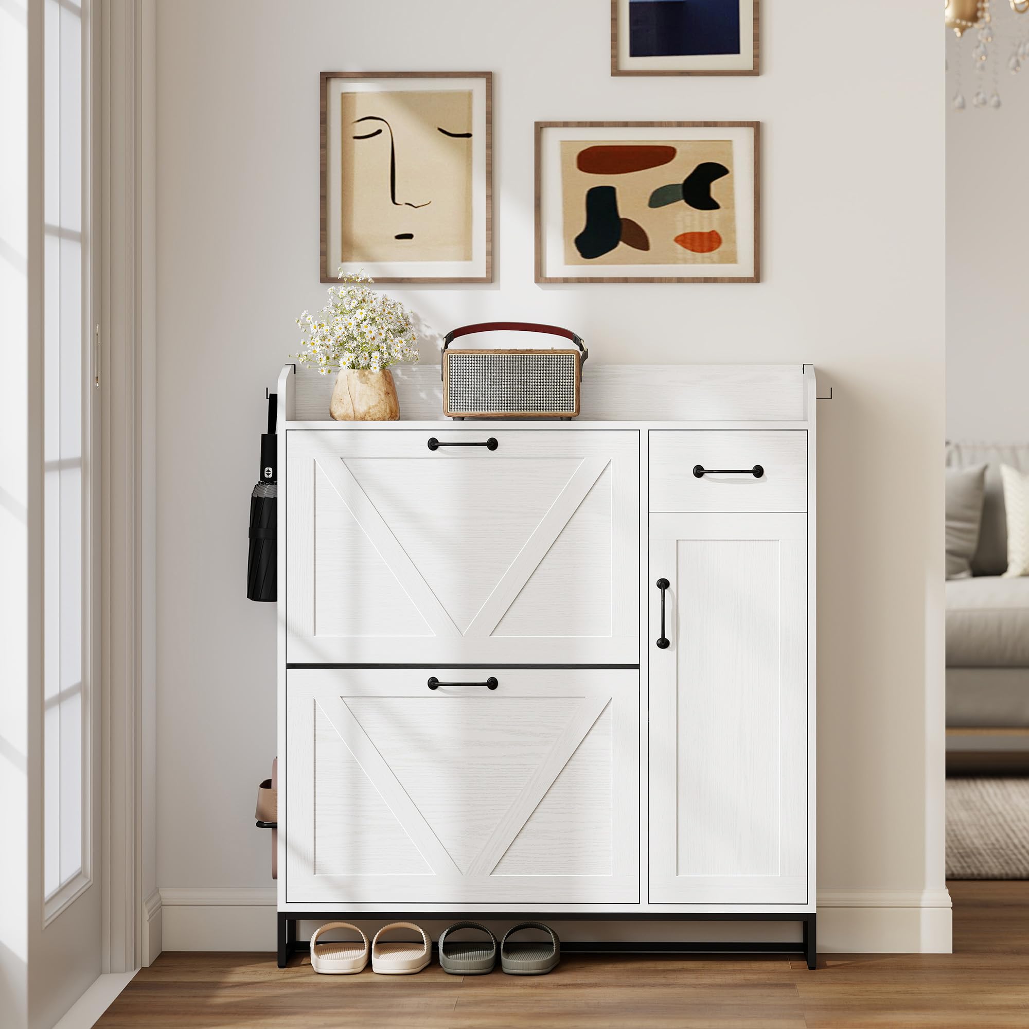 HOMCOM Zapatero Estrecho con 2 Cajones Abatibles 106,7x26x116 cm Blanco | Zapatero Entrada Recibidor Rústico, con Cajón y Estantes Ajustables, para 12 Pares de Zapatos, Espacio Reducido