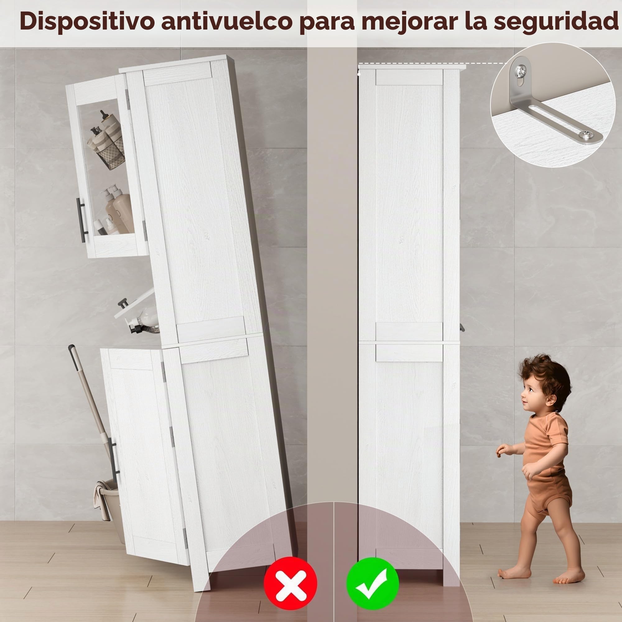 Armario de Baño Premium Ancho, Gran Almacenamiento, Ideal para Cocina, Baño y Salón. Estructura de Madera Maciza. 60 × 30 × 170 cm, Color Roble Blanco