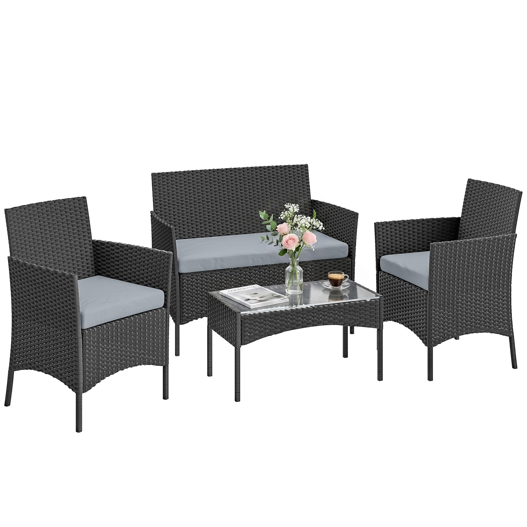 Outsunny 4 Seater Rattan Garden Furniture Set, 4 Piece Garden Sofa Set with Loveseat, Armchairs, Glass-Top Coffee Table, Cushions, Wicker Outdoor Furniture for Conservatory Patio, Grey